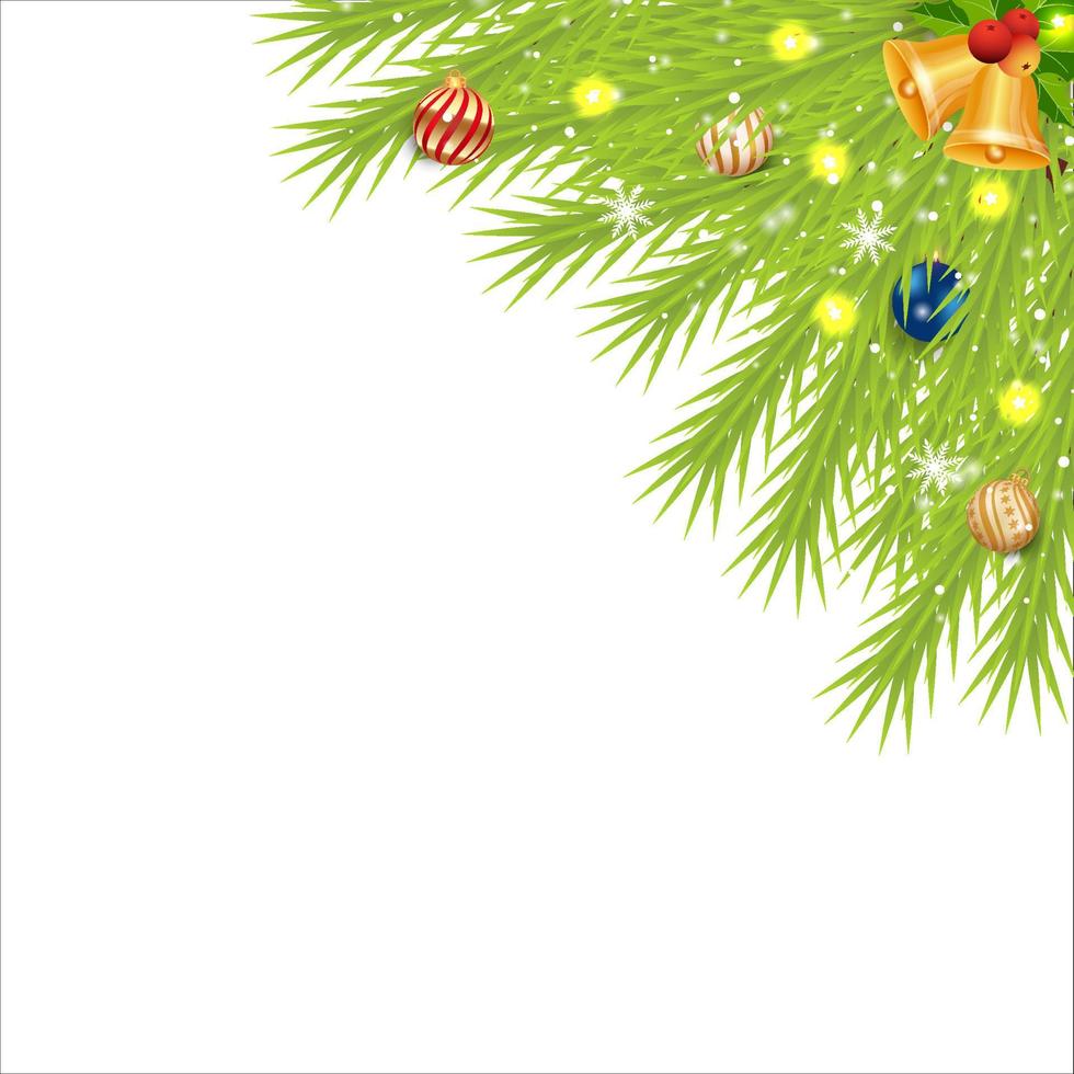 esquina navideña con frutos rojos y cascabeles. esquina de Navidad con copos de nieve y bola de decoración. esquina navideña, bola de decoración navideña, bola roja, copos de nieve, bola azul, luces de estrellas, frutos rojos. vector