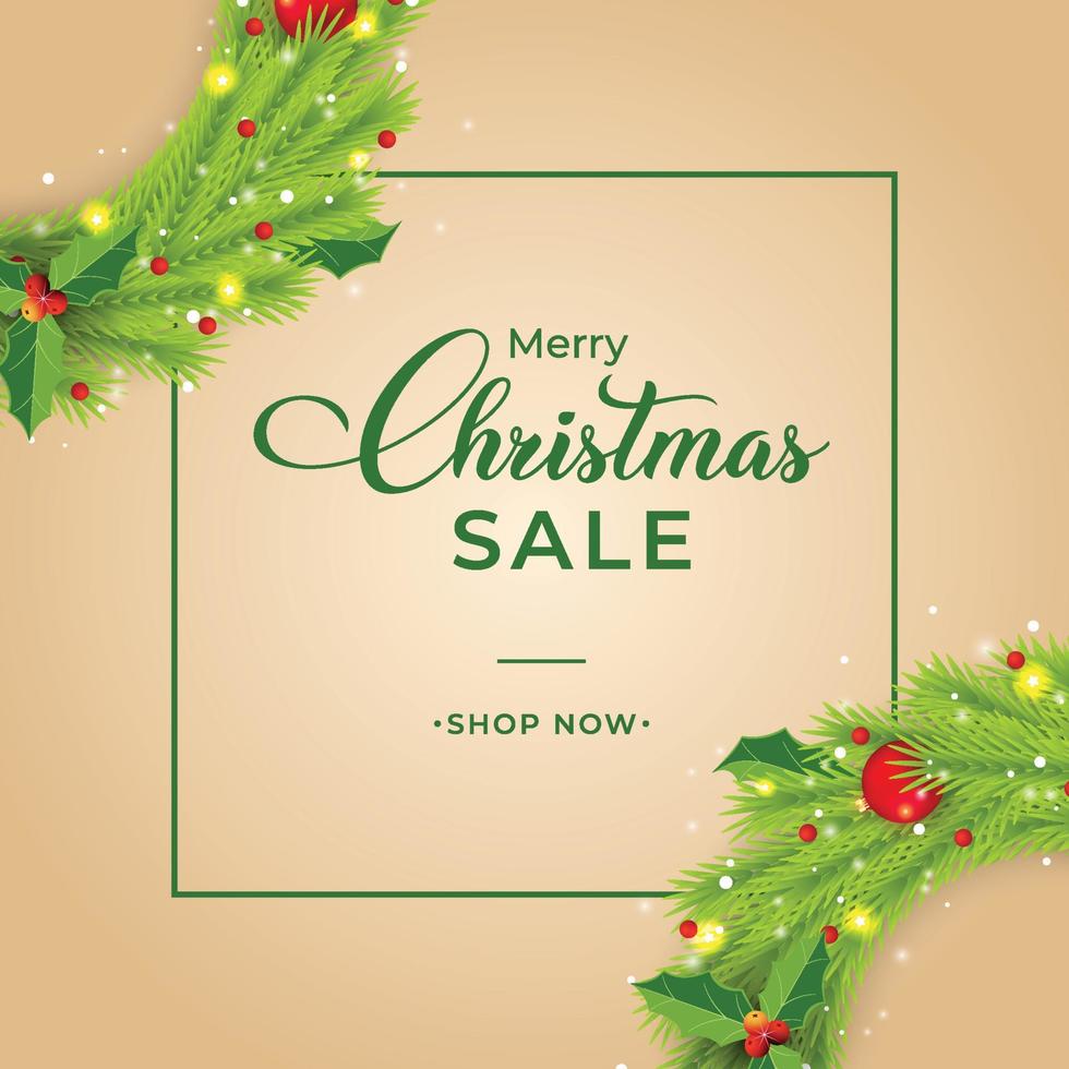 Christmas sales banner with green wreaths and red berries. Xmas sales banner on a golden background. Merry Christmas banner with red decoration balls and glowing snowflakes. Christmas elements. vector