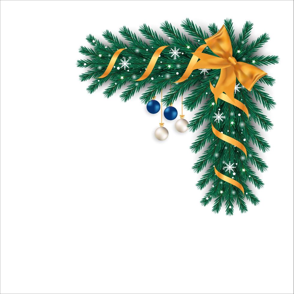 Christmas corner with golden ribbon and decoration ball. Xmas Corner with star lights and snowflakes. Christmas corner, Xmas decoration ball, white ball, blue ball, snowflakes, starlight, pine leaves. vector