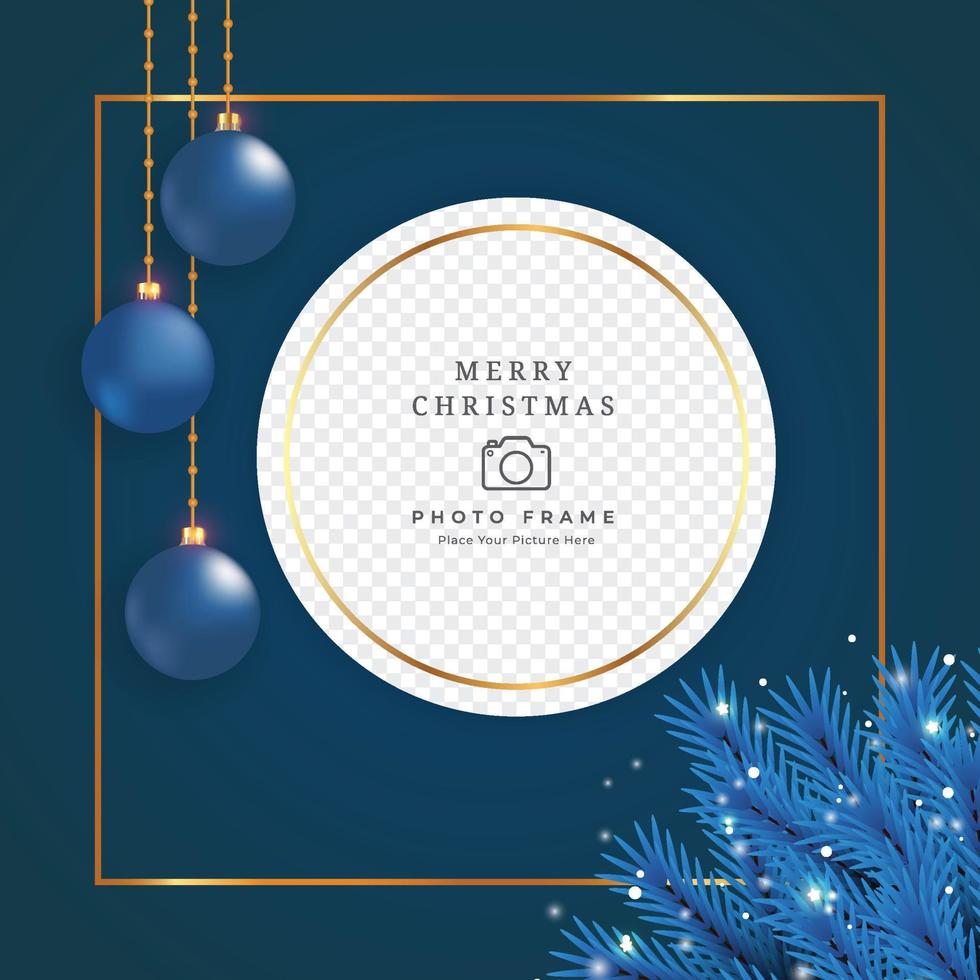 Christmas photo frame with blue decoration ball and blue leaves. Xmas photo frame on dark background. Merry Christmas photo frame element with glowing snowflakes and golden frame. vector