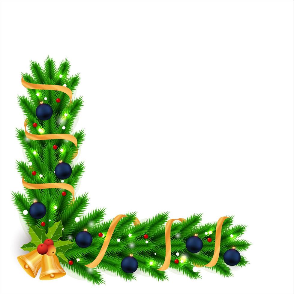 Esquina navideña con bola decorativa azul y campanas doradas. esquina de Navidad con frutos rojos y cinta. esquina navideña, elemento navideño, hojas de pino oscuro, bayas de acebo, luces de estrellas, bola navideña. vector