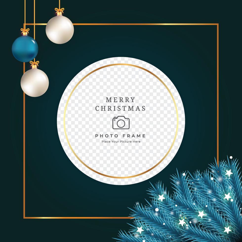 Christmas photo frame with white and blue decoration ball. Xmas photo frame on dark background. Merry Christmas photo frame with star-shaped lights and snowflakes. Christmas elements. vector