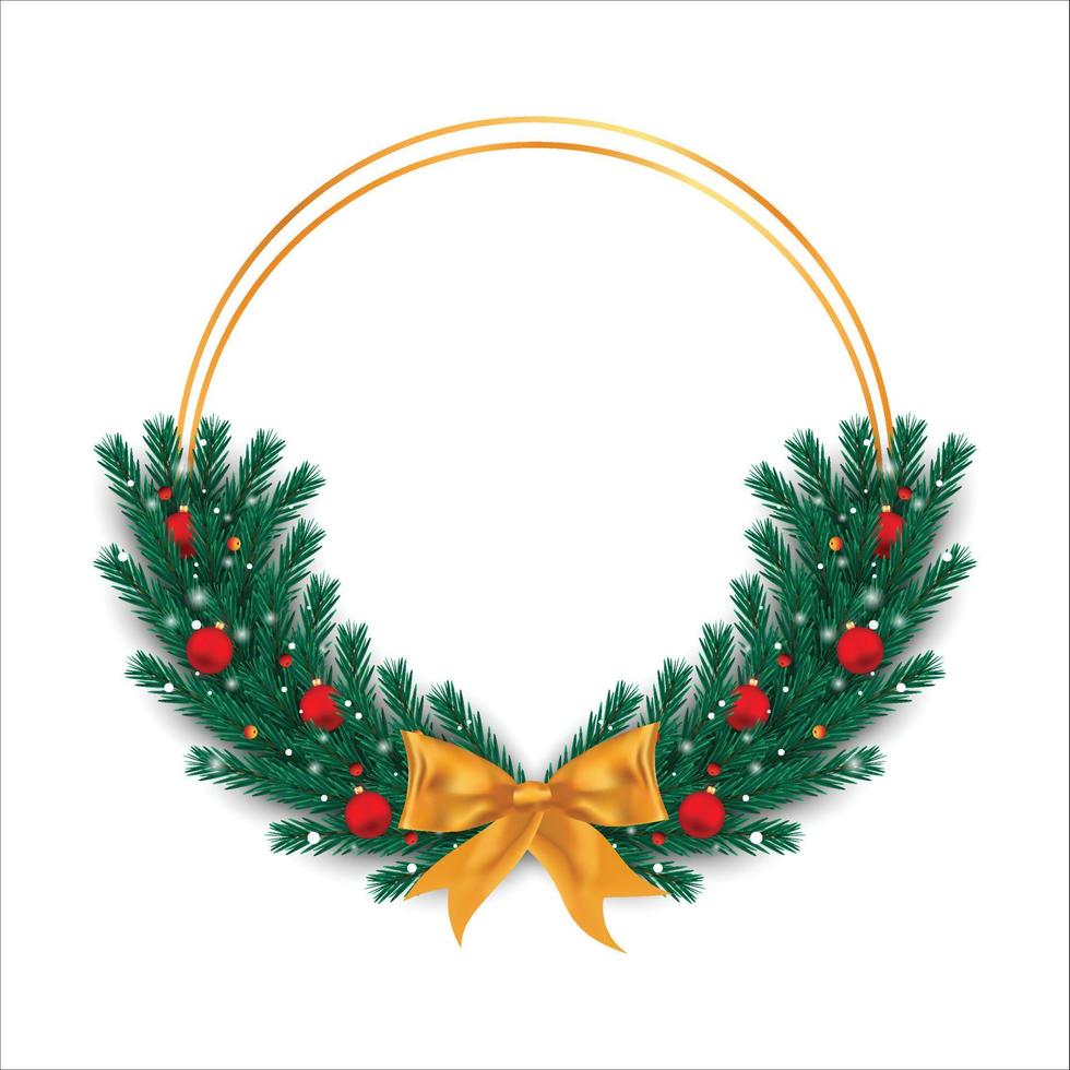 Christmas frame on a white background. Xmas frame with green leaves and red decoration balls. Christmas red ball, Xmas frame, green leaves, snowflakes, decoration ball, golden ribbon. vector