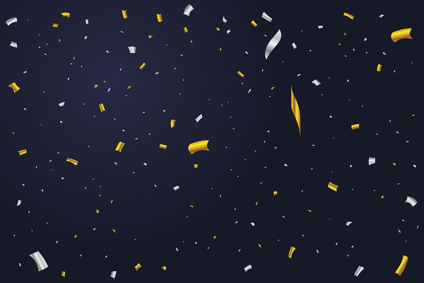 Golden and silver confetti falling isolated on dark blue background. Anniversary celebration. Shiny party tinsel and confetti falling. Festival elements. Confetti vector for carnival background.