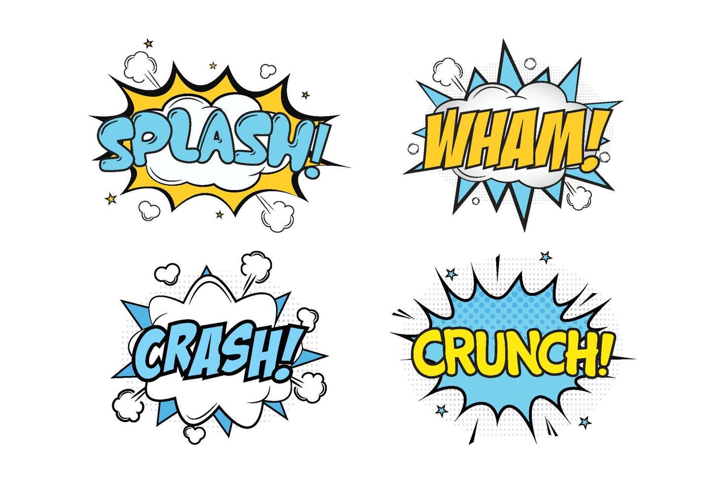 Splash Wham comic burst with white, blue, and yellow colors. Crash Crunch comic explosion with yellow, white, and blue colors. Text bubbles for cartoon speeches. Comic blast with colorful clouds. vector