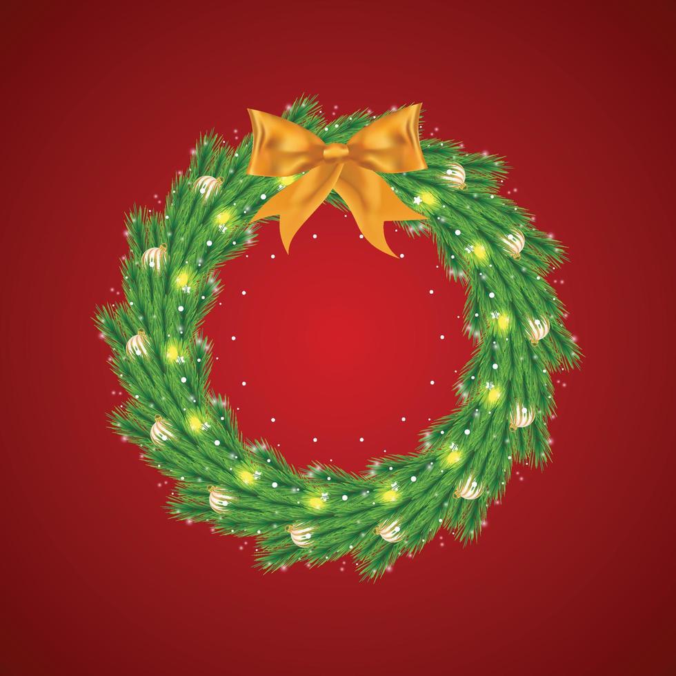 Christmas wreath with green leaves and decoration balls. Xmas green wreath on a red background. Merry Christmas wreath with golden decoration balls and glowing snowflakes. Christmas elements. vector