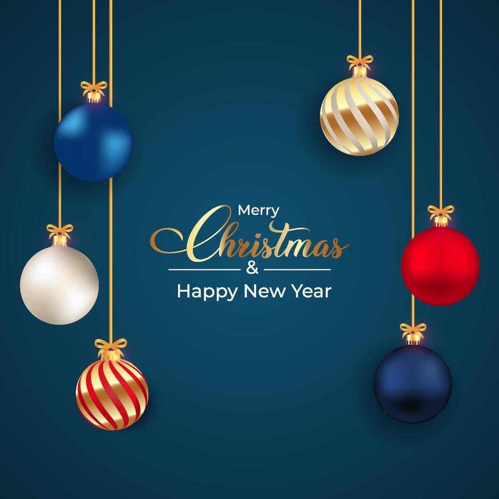 Christmas blue color background with luxurious red, blue, white, and golden decoration balls. 3D ball design with multiple colors on a dark blue background. 3D realistic ball design with calligraphy. vector