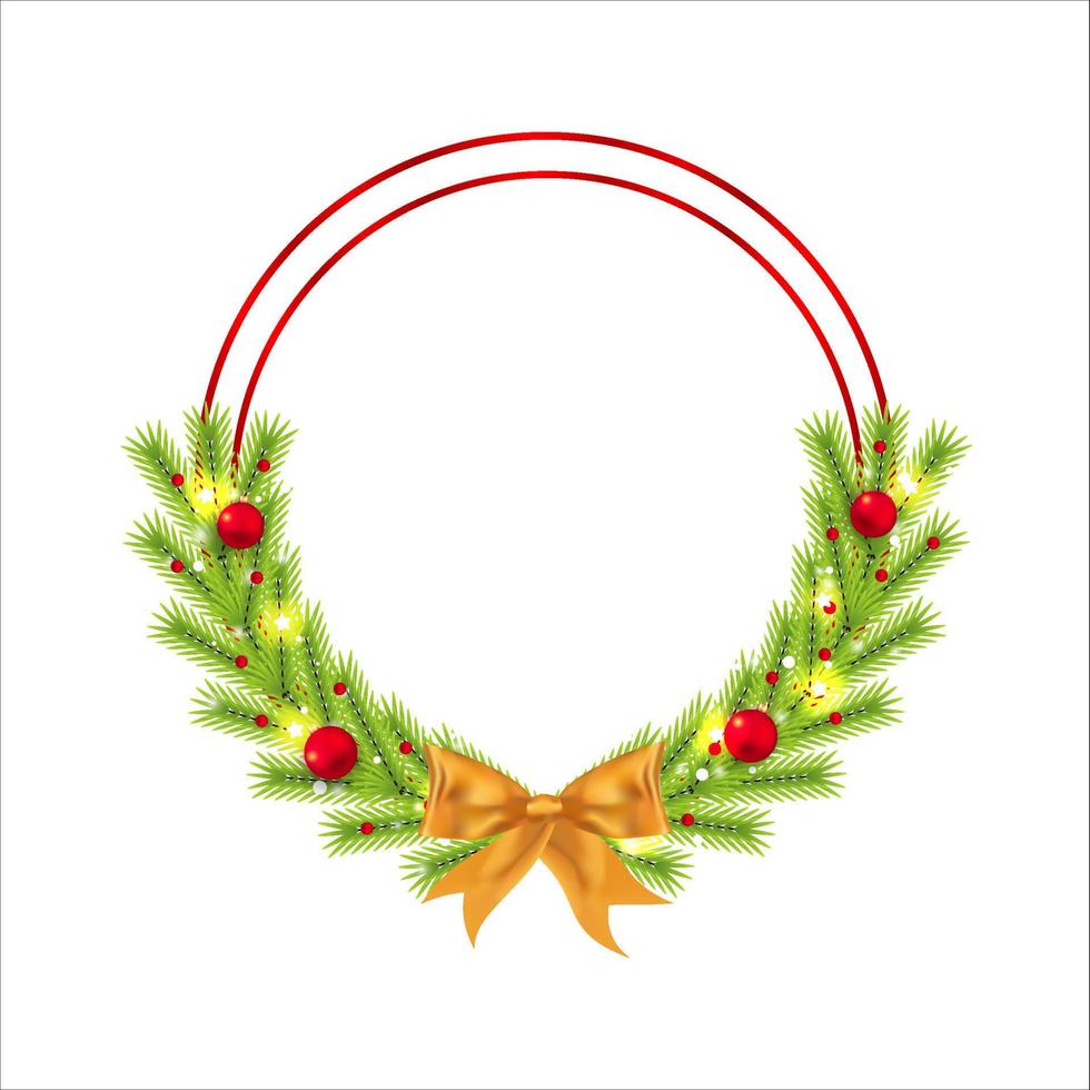 Christmas frame with red decoration ball and star lights. Xmas frame on a white background. Christmas ball, Xmas frame, golden ribbon, round frame, pine leaves, red berries, starlight, snowflakes. vector