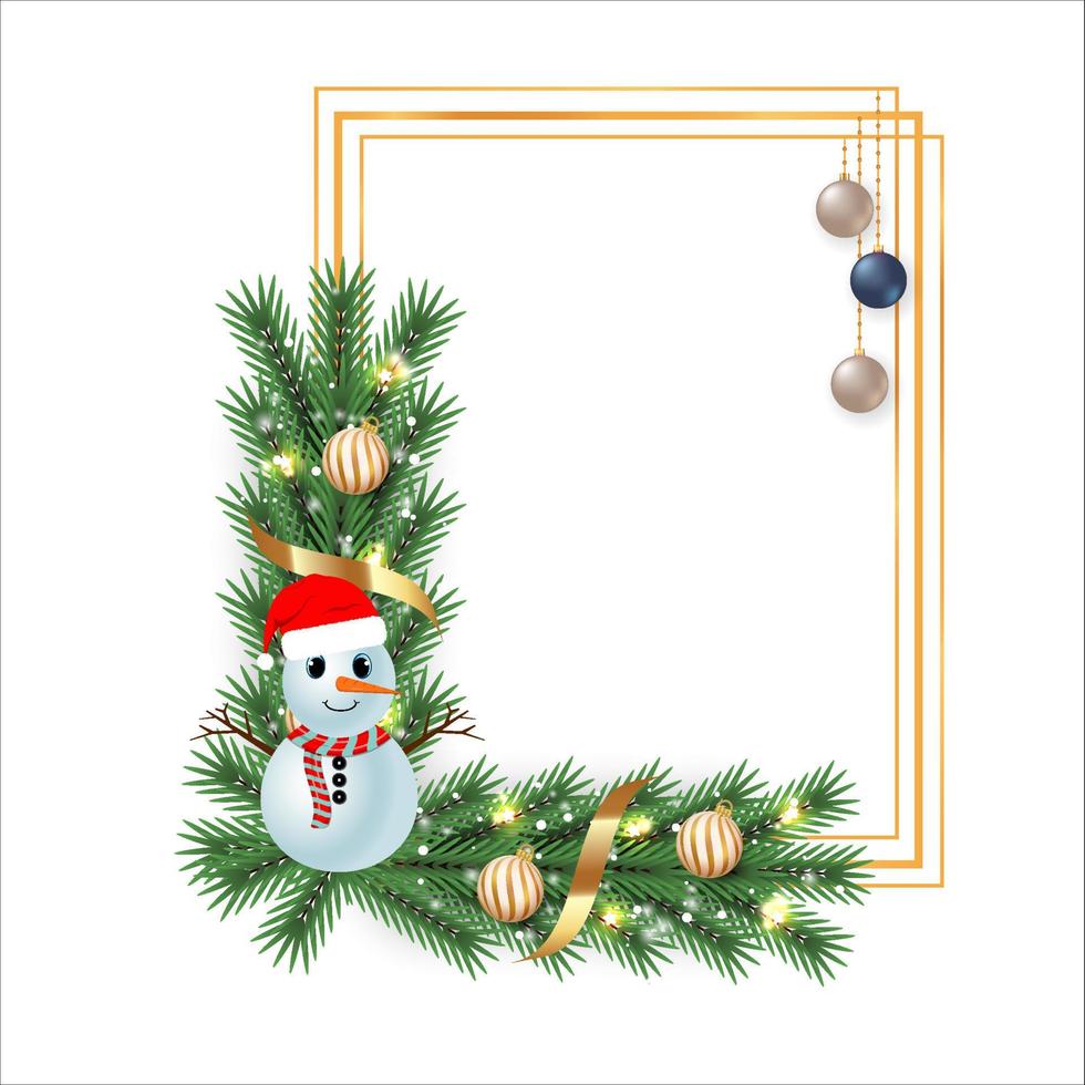 Christmas frame with decoration ball on a white background. Xmas frame with a cute snowman. Christmas ball, Xmas frame, green pine leaves, snowflakes, cute eyes, snowman, star lights, decoration ball. vector