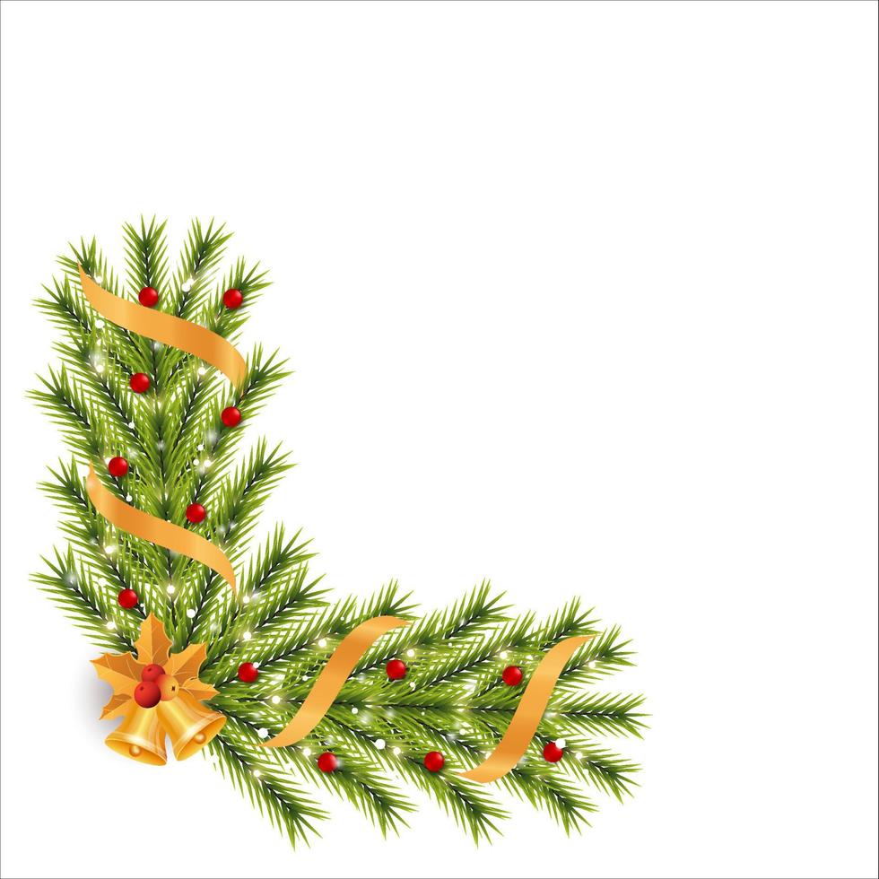 Christmas corner with golden leaves and jingle bell. Xmas corner with red berries and golden ribbon. Christmas corner, Christmas element, golden ribbon, holly berries, star lights, golden leaves. vector