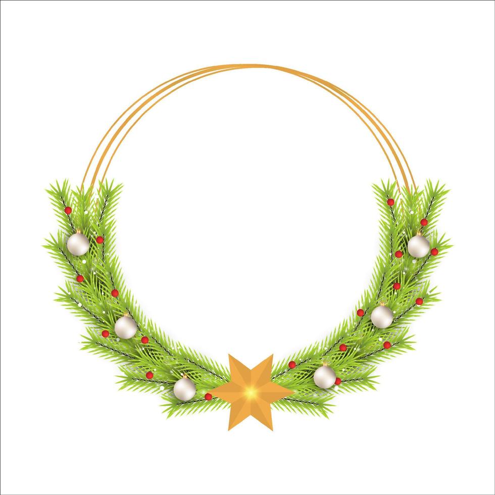 Christmas frame with green pine leaves and white decoration ball. Xmas frame with red berries. Christmas white ball, Xmas frame, round frame, green pine leaves, snowflakes, golden star, holly berries. vector