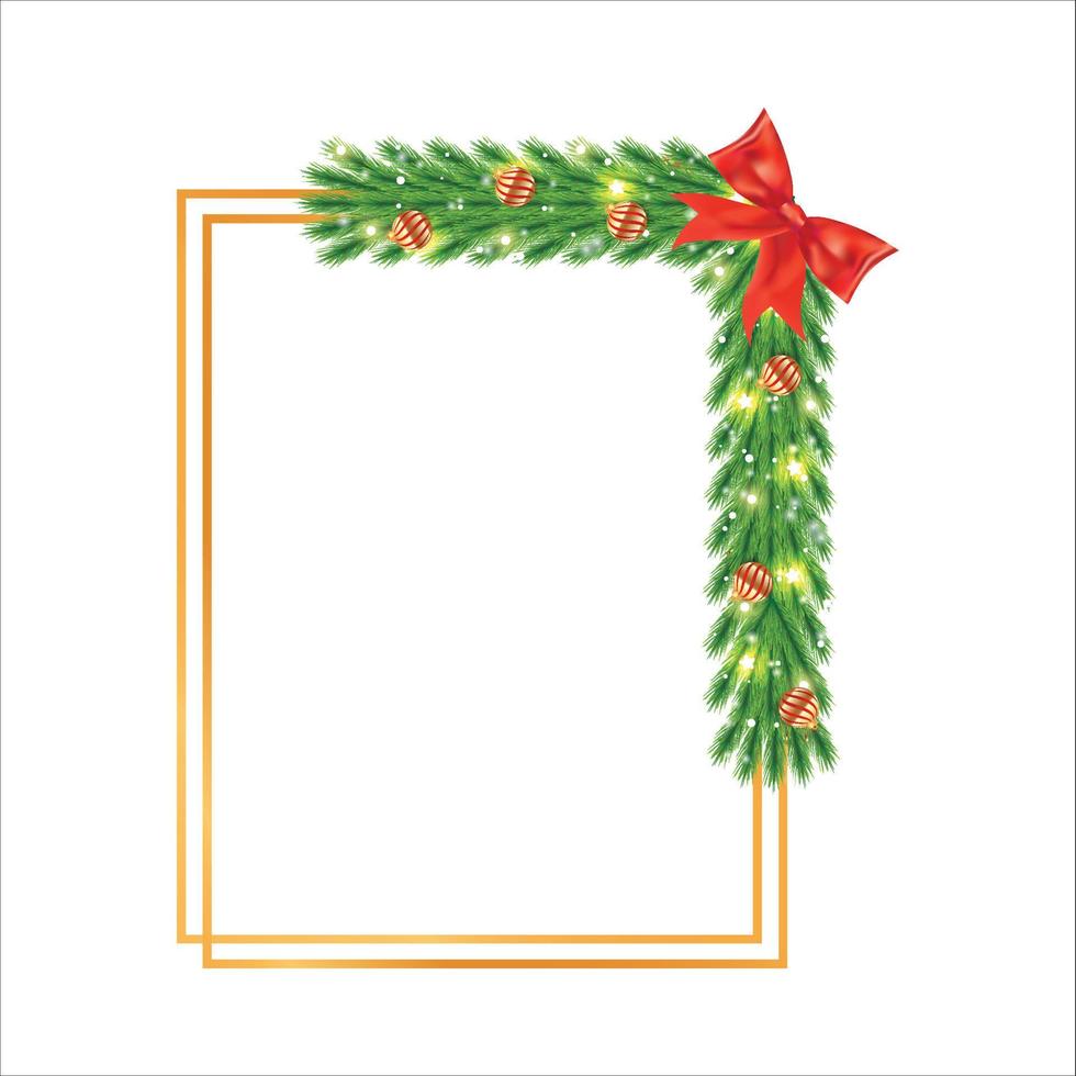 Christmas frame with red-golden decoration balls, pine branch. Xmas frame with red ribbon. Realistic golden square photo frame with star lights, snowflakes, decoration ball, and red ribbon. vector