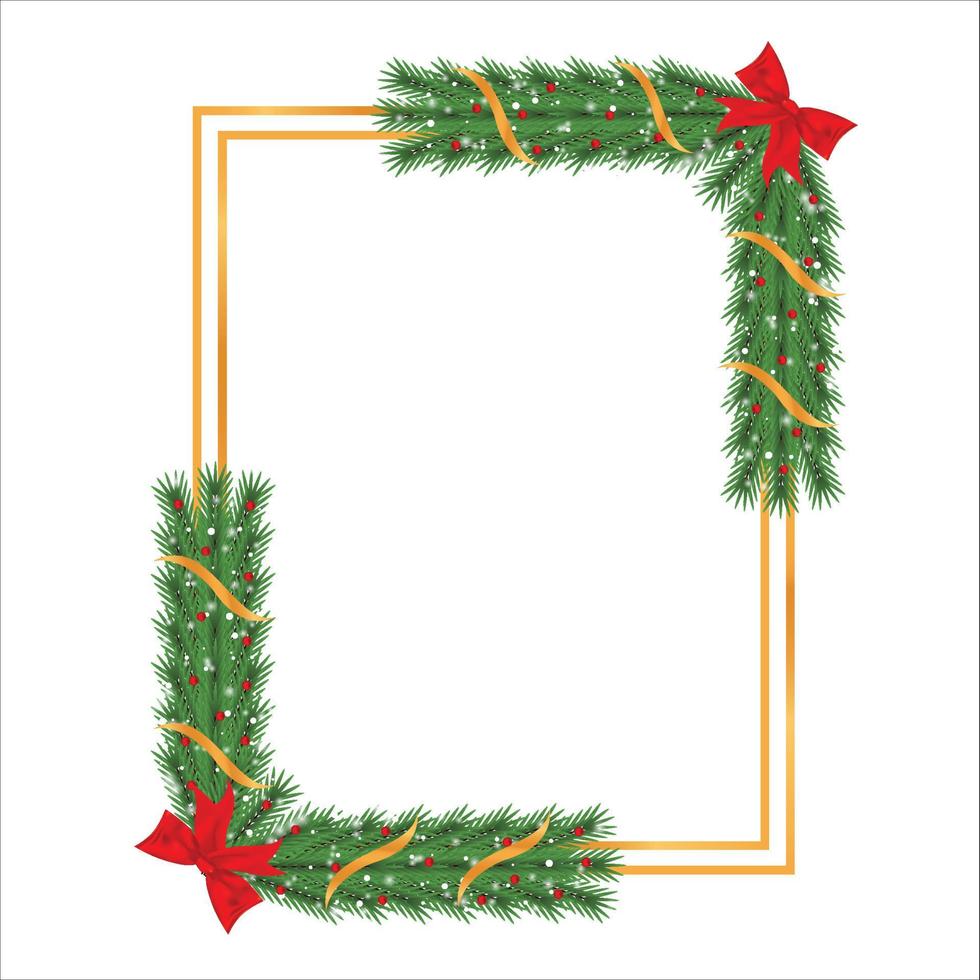 Christmas frame with green pine leaves and red berries. Xmas frame with golden, red ribbons and snowflakes. Christmas photo frame with snowflakes, lights, and green leaves on white background. vector