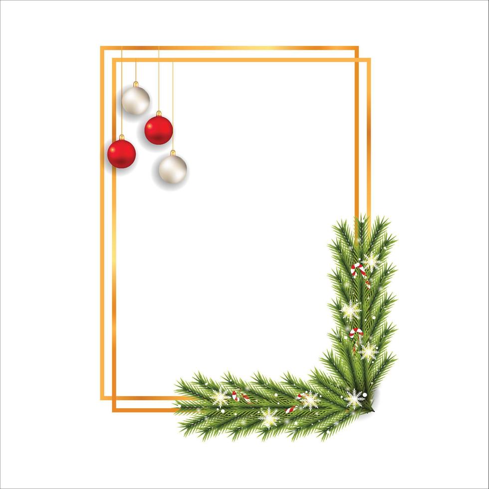 marco de Navidad con hojas de pino verde, copos de nieve, bolas rojas blancas. marco dorado de navidad con dulces. Feliz Navidad elementos de decoración con bastones de caramelo y copos de nieve brillantes. elementos navideños. vector
