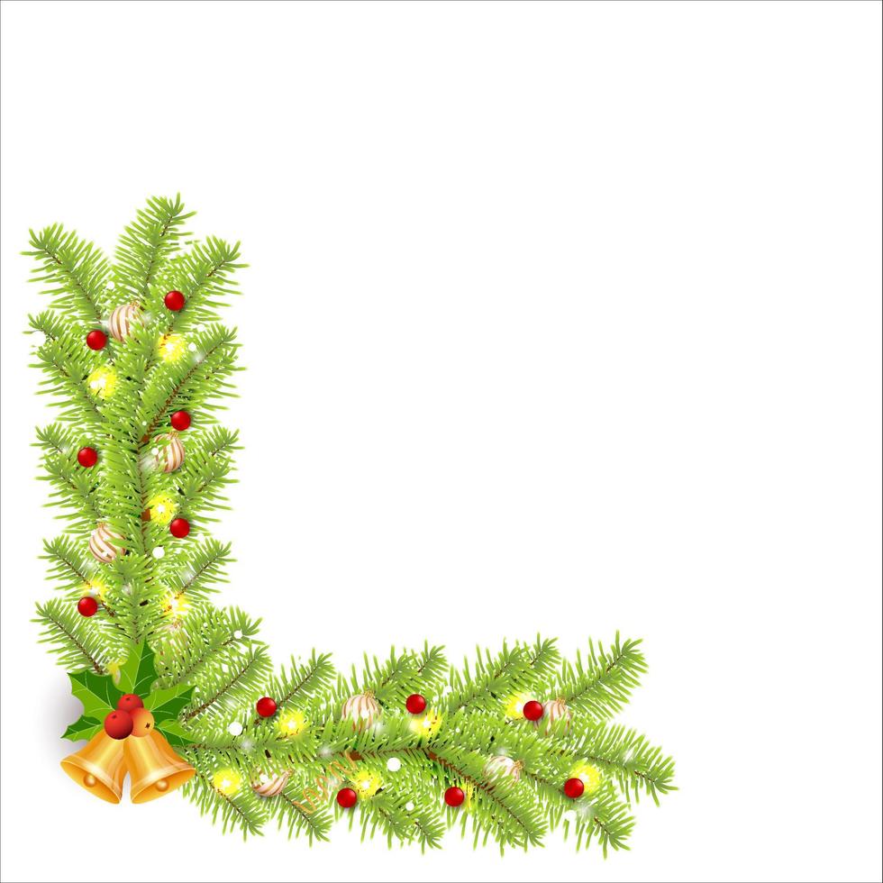 Christmas corner with decoration ball and jingle bell. Xmas corner with red berries and snowflakes. Christmas corner, Christmas element, glossy pine leaves, holly berries, star lights, Xmas ball. vector