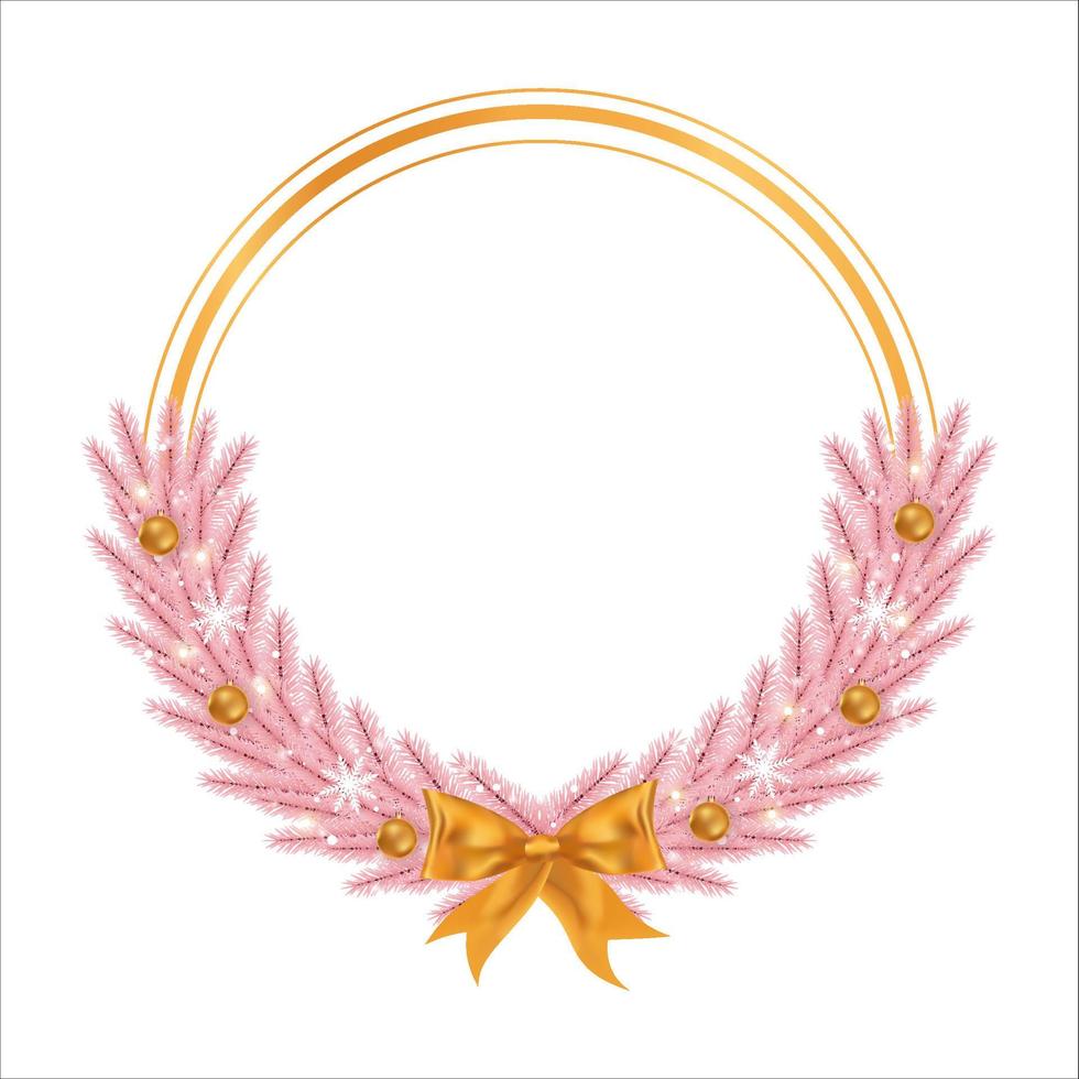 Christmas frame with pink leaves and golden decoration ball. Xmas frame with golden ribbon. Christmas ball, Xmas frame, round frame, pink pine leaves, snowflakes, golden ribbon, girly frame. vector