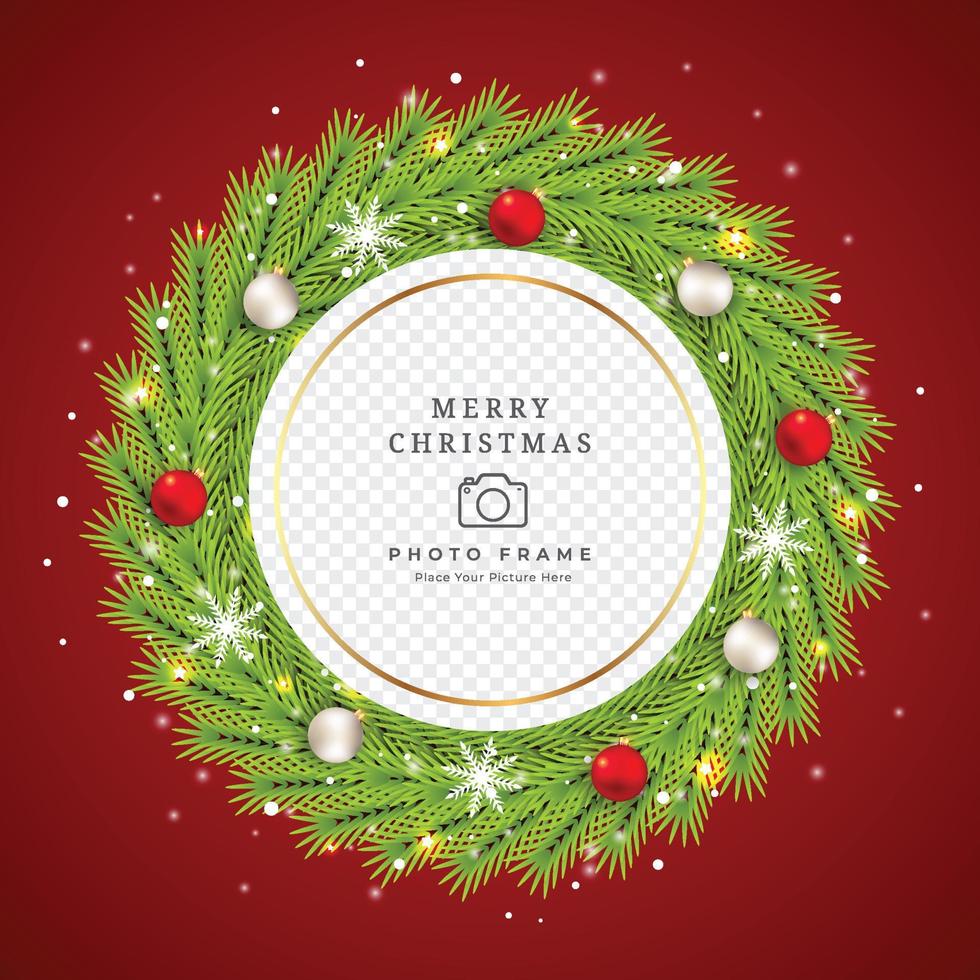 Christmas photo frame with a green wreath and snowflakes. Xmas photo frame on a red background. Merry Christmas frame with red and white decoration balls and glowing pine leaves. Christmas elements. vector