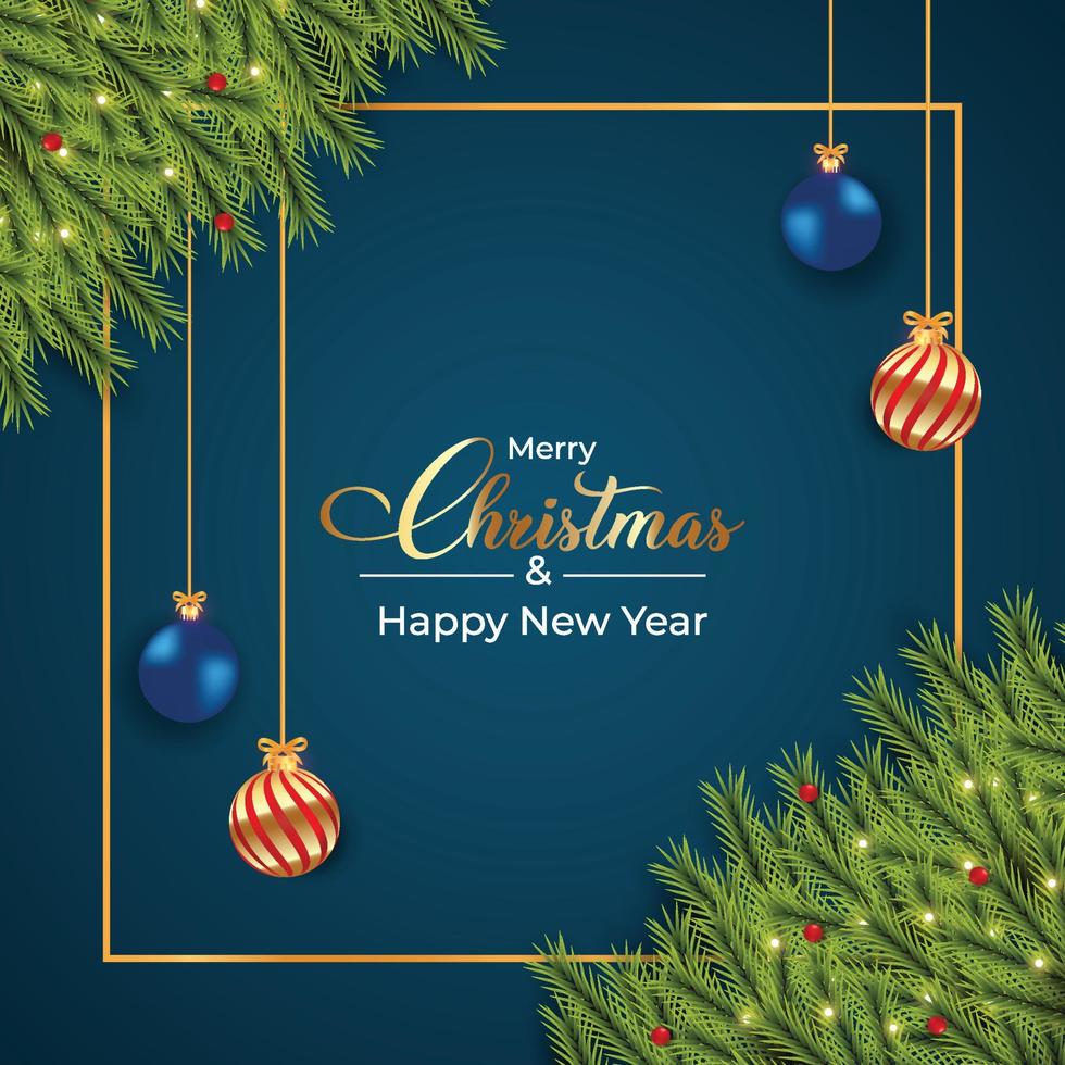 Christmas dark blue background design with luxurious red, blue, and golden decoration balls and pine tree leaves. Realistic background design with pine leaves. Christmas wreath design with calligraphy vector