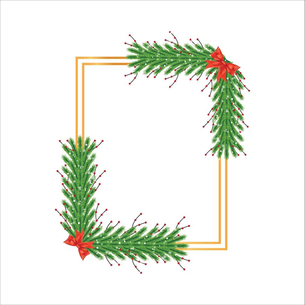 Christmas Realistic frame with red berries, pine leaves, red ribbon. Xmas frame on white background. Square photo frame with snowflakes and red ribbon on white background. vector