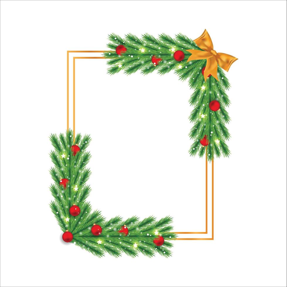 Christmas frame with pine leaves, snowflakes, red decoration ball. Xmas frame on white background. Merry Christmas decoration element with a golden ribbon and red balls. Christmas elements. vector