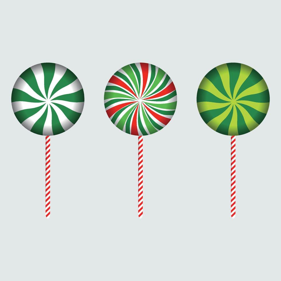 Christmas round candy with red, off-white, pink, and lime color strips. Round candy design on an ash background. Set of three Christmas candies. Christmas candy vector design collection for kids