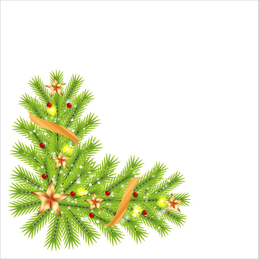 Christmas corner with green leaves and golden stars. Xmas corner with red berries and snowflakes. Christmas green corner, Christmas element, golden ribbon, holly berries, star lights, golden elements. vector