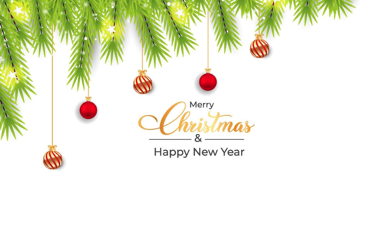 Christmas white background elements with luxurious red and golden decoration balls. Background design with pine tree branch and decoration ball. Realistic background design with a pine tree branch. vector