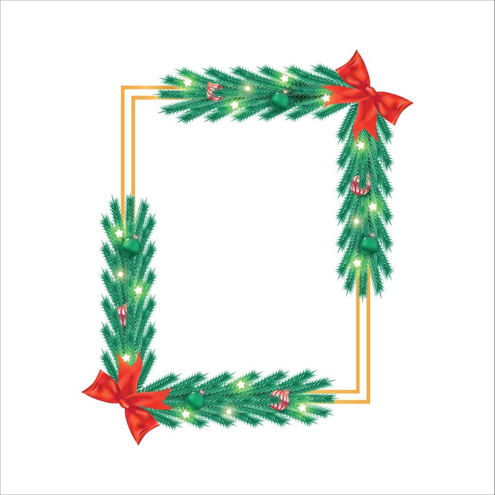 Christmas frame with red and green decoration balls, pine leaves. Xmas frame with red ribbon. Realistic golden square photo frame with star lights, decoration ball, and red ribbon on white background. vector