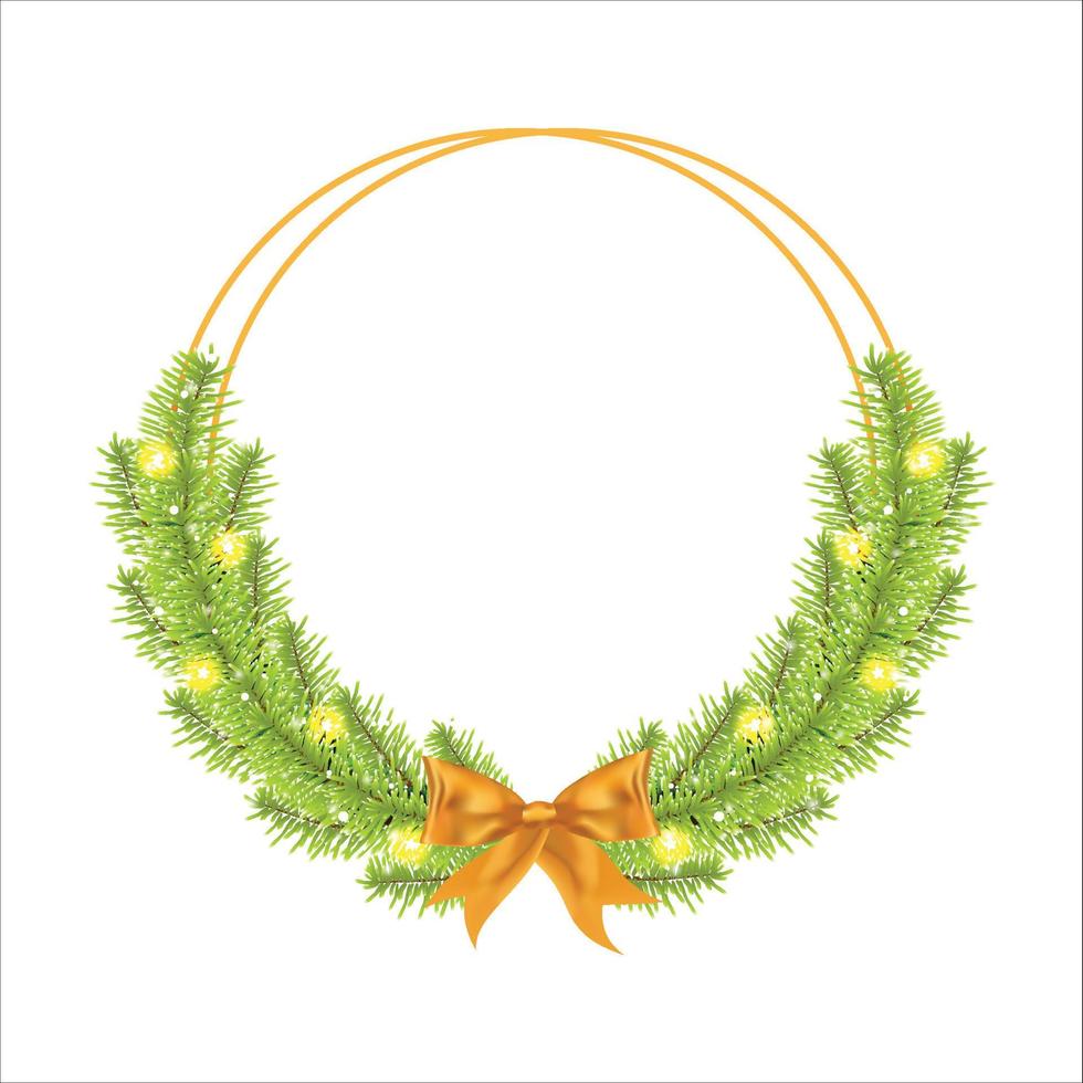 Christmas frame with a golden ribbon and star lights. Christmas golden frame with pine branches. Xmas ball, Xmas frame, round frame, green pine leaves, star lights, snowflakes, golden ribbon. vector