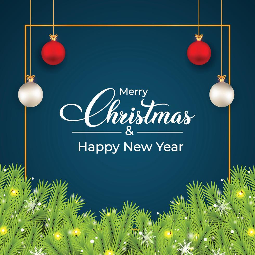 Christmas social media banner with pine leaves. Banner with leaves, white balls, red balls. Christmas card on a dark background. Christmas social media post with decorative elements and snowflakes. vector