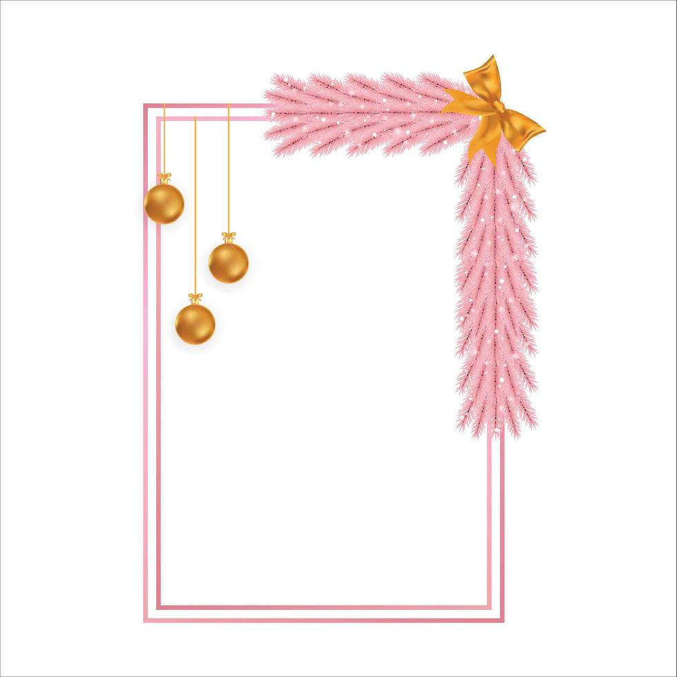 Christmas girly frame with pink pine leaves, snowflakes, golden ball. Xmas pink frame with ribbon. Merry Christmas pink decoration elements with a golden ribbon and golden balls. Christmas elements. vector
