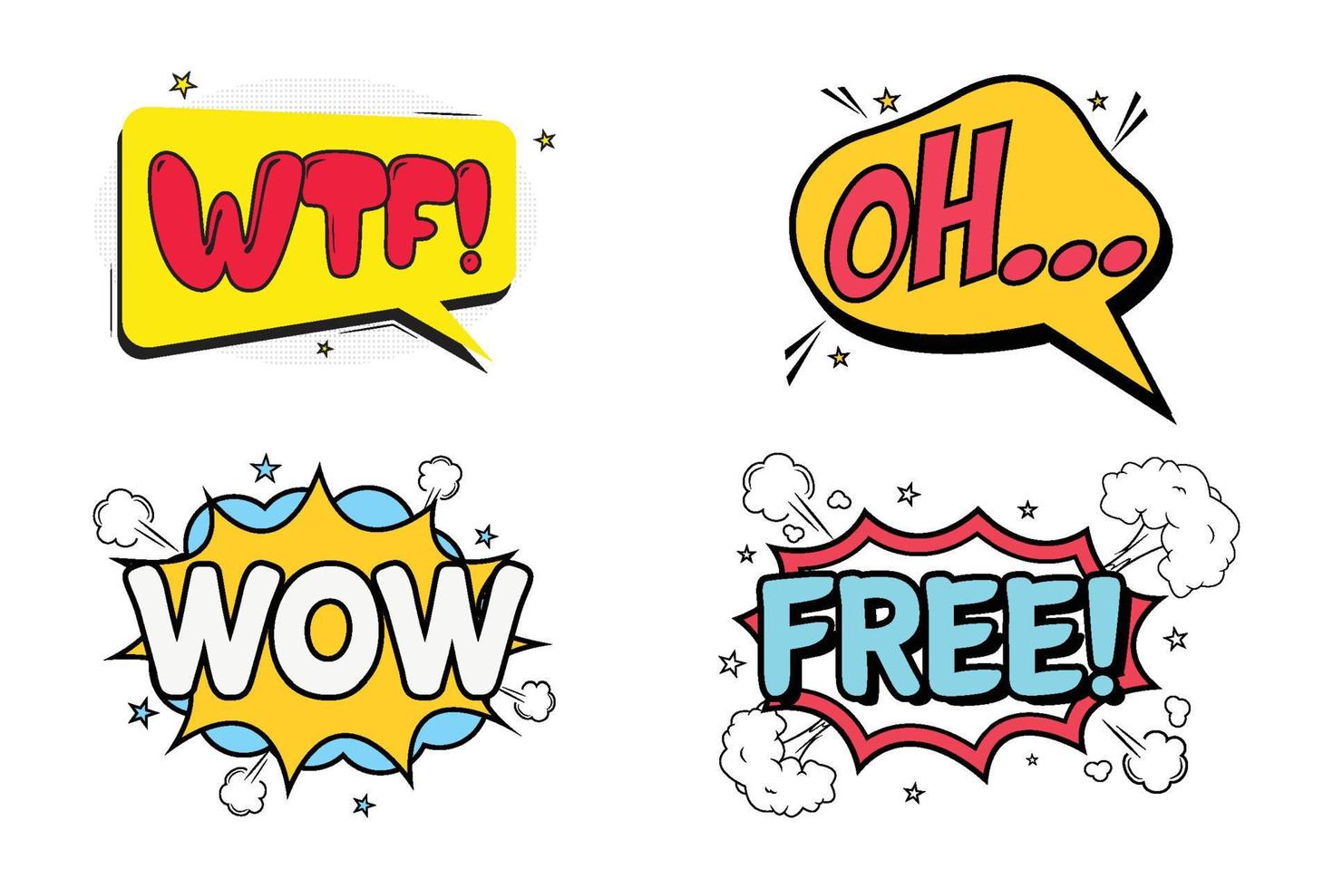 WTF Oh comic explosion with red and yellow colors. Wow Free comic burst with yellow, white, blue, and red colors. Comic explosion collection. Comic burst text bubbles set vector. vector
