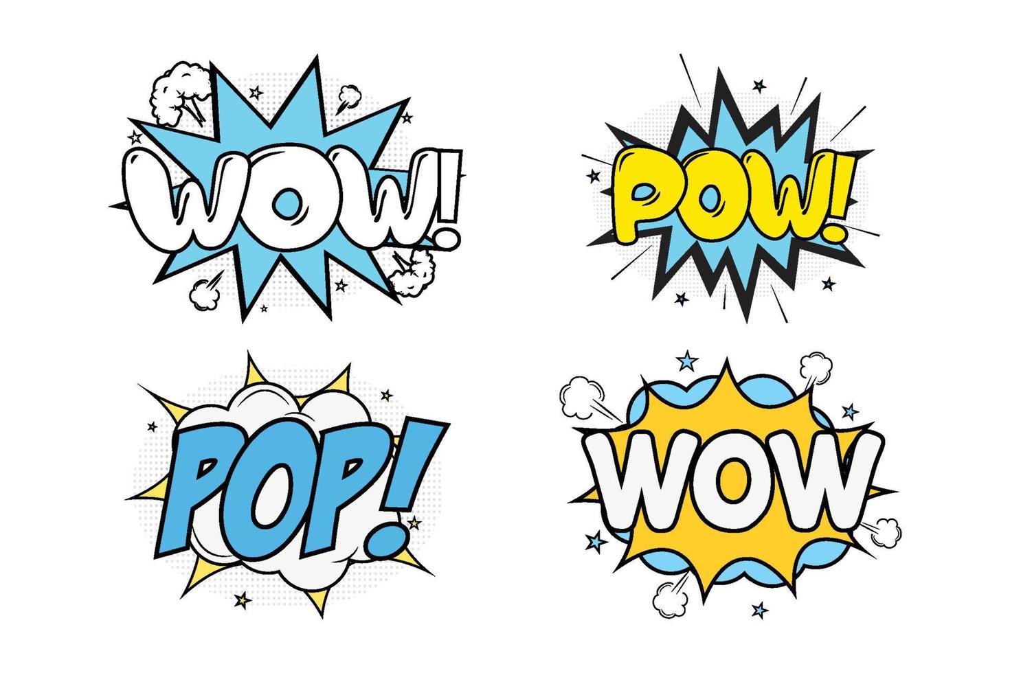 wow explosión cómica con color azul, blanco y amarillo. pow explosión cómica con color amarillo y azul. explosión cómica con pop colorido y wow. burbujas de explosión pop para discursos de dibujos animados. vector