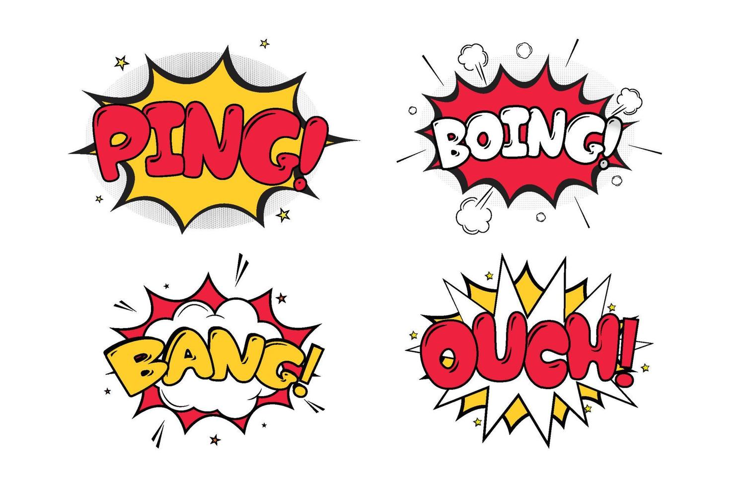 Ping Boing comic blast with white, red, and yellow colors. Ouch Bang comic explosion with yellow, white, and red colors. Comic burst with colorful clouds. Text bubbles for cartoon speeches. vector
