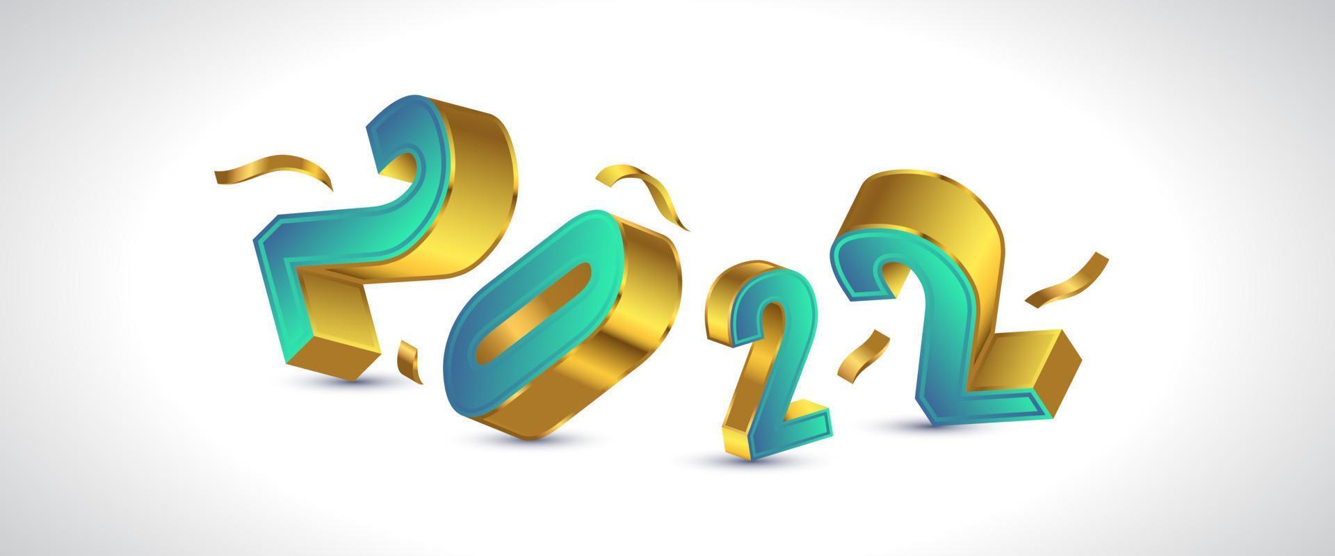 Feliz año nuevo 2022 diseño de banner con números 3d en degradado verde y dorado. Plantilla de diseño de celebración de año nuevo para volante, póster, folleto, tarjeta, pancarta o postal vector