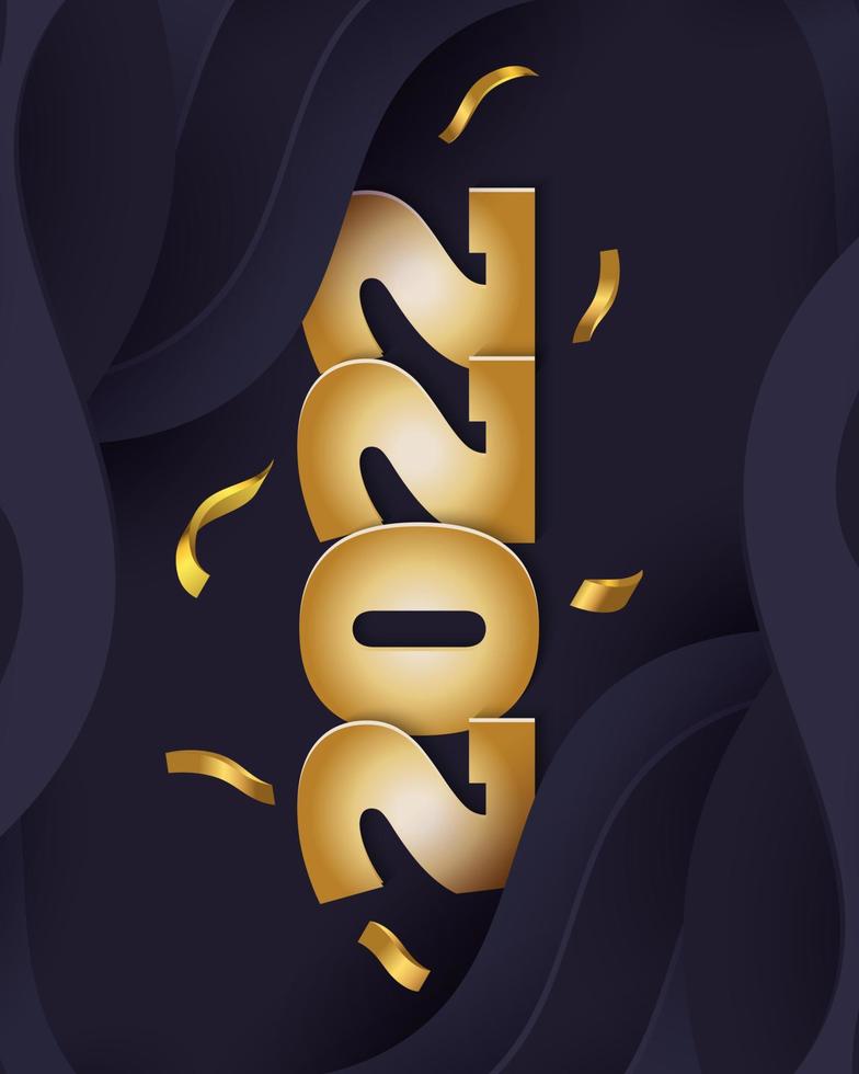 Happy New Year 2022 Banner or Poster with Golden Numbers and Confetti. 2022 Logo or Symbol. Holiday Vector Illustrations