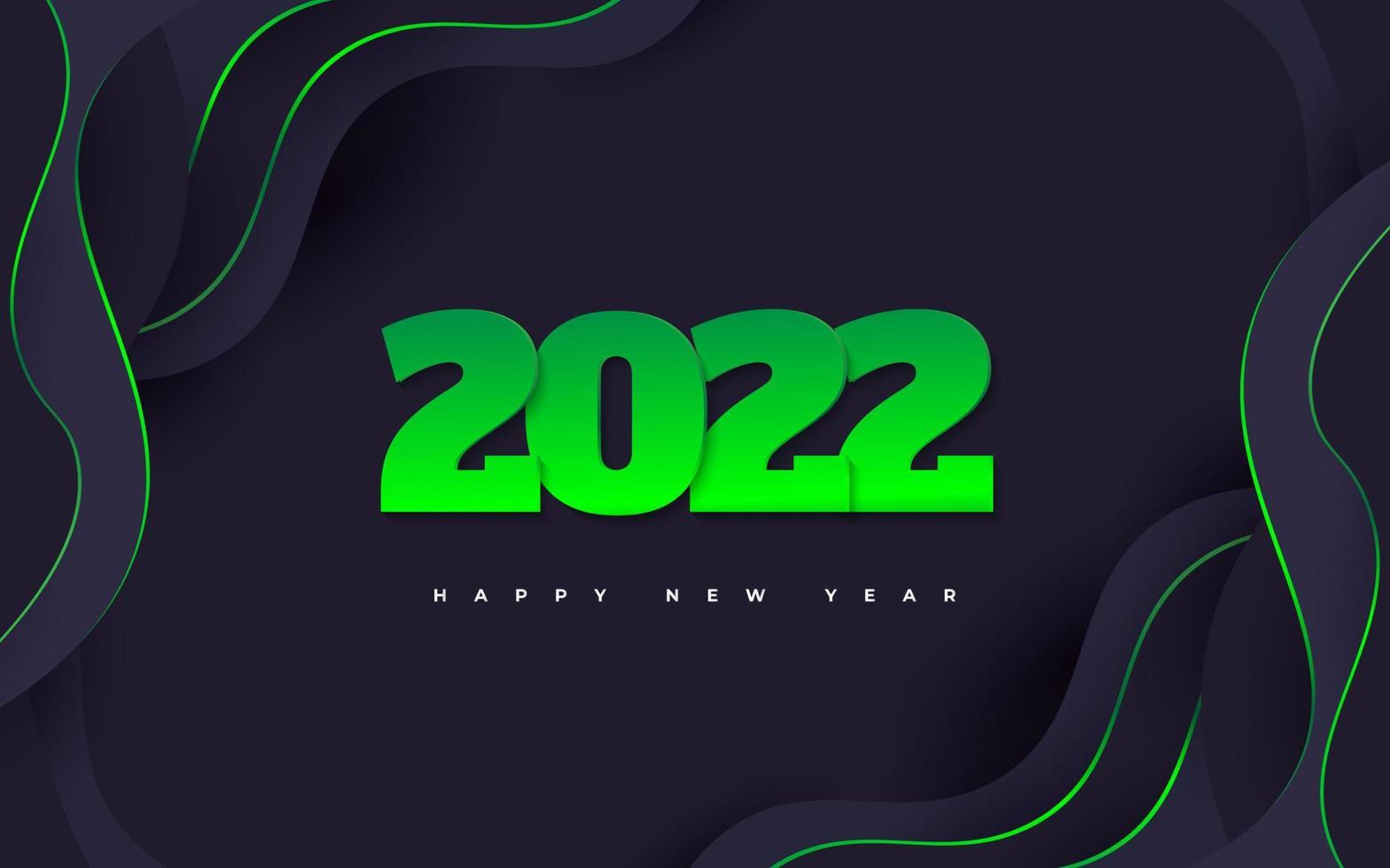 Feliz año nuevo 2022 pancarta o póster con números 3d degradados verdes sobre fondo ondulado. 2022 logotipo o símbolo. ilustraciones vectoriales de vacaciones vector