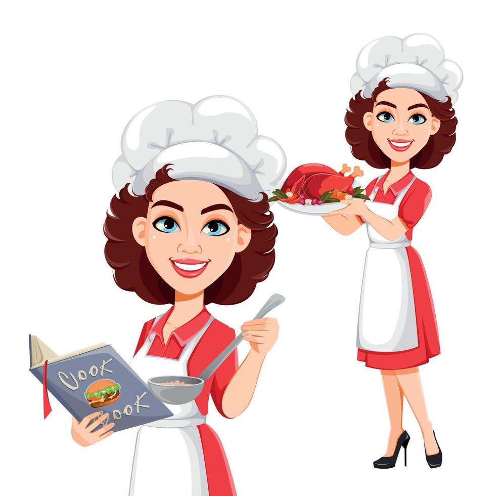 mujer chef, conjunto de dos poses. cocinera vector