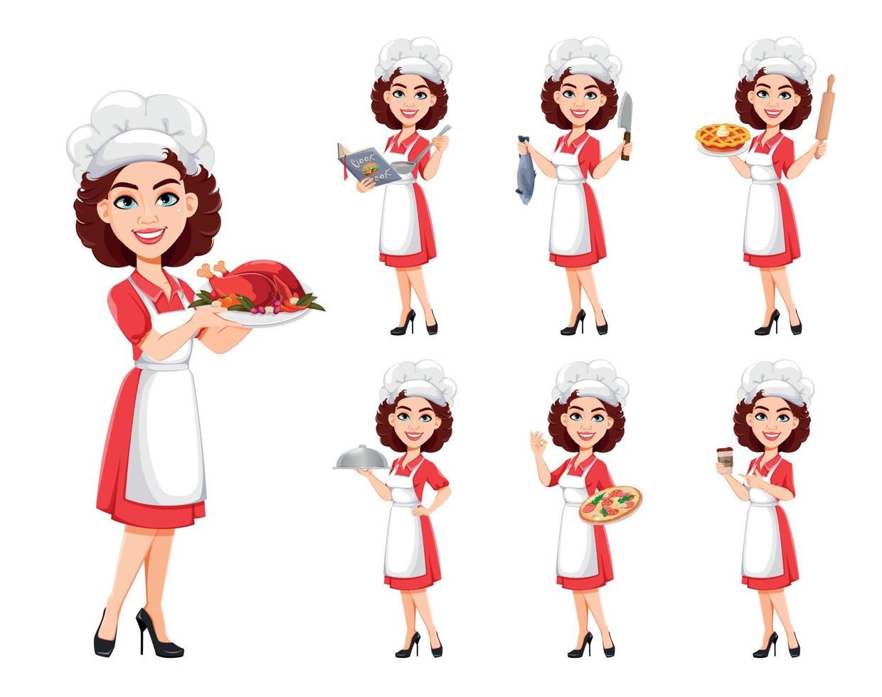 chef mujer, conjunto de siete poses vector