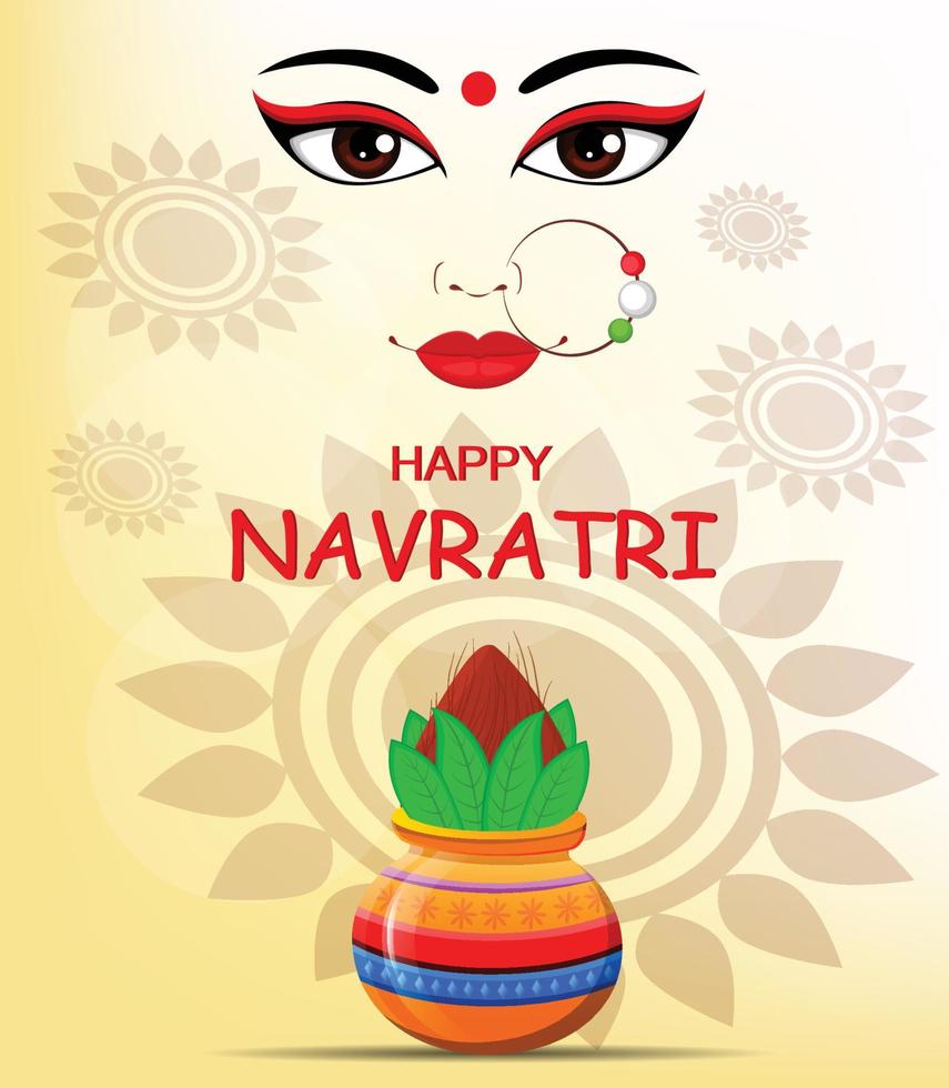 Happy Navratri vector illustration. Contour of Maa Durga Face and pot with coconut on abstract background