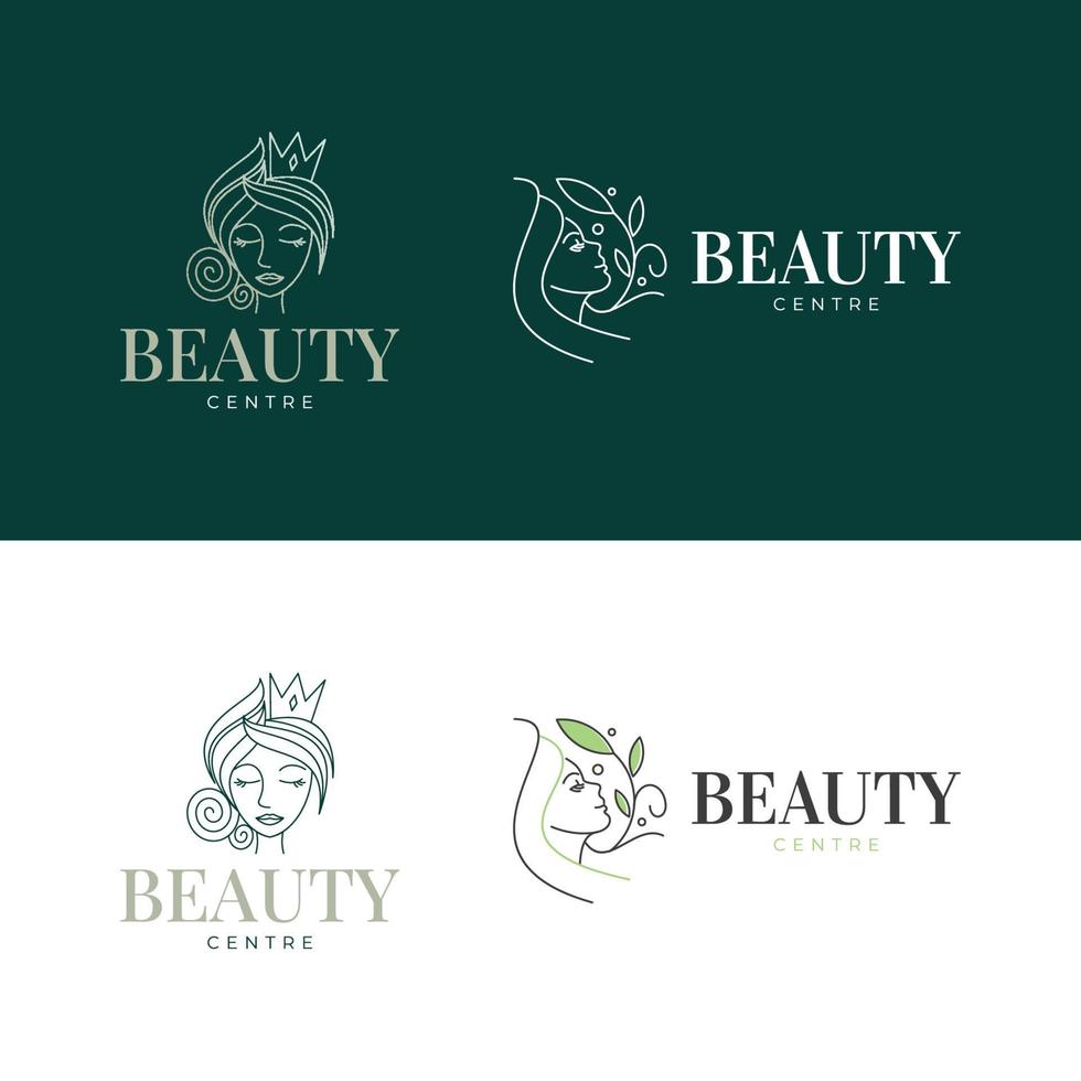 2 female silhouette logo concept. female head left logo facing forward with a crown on it. woman's head right logo facing side with leaf element vector