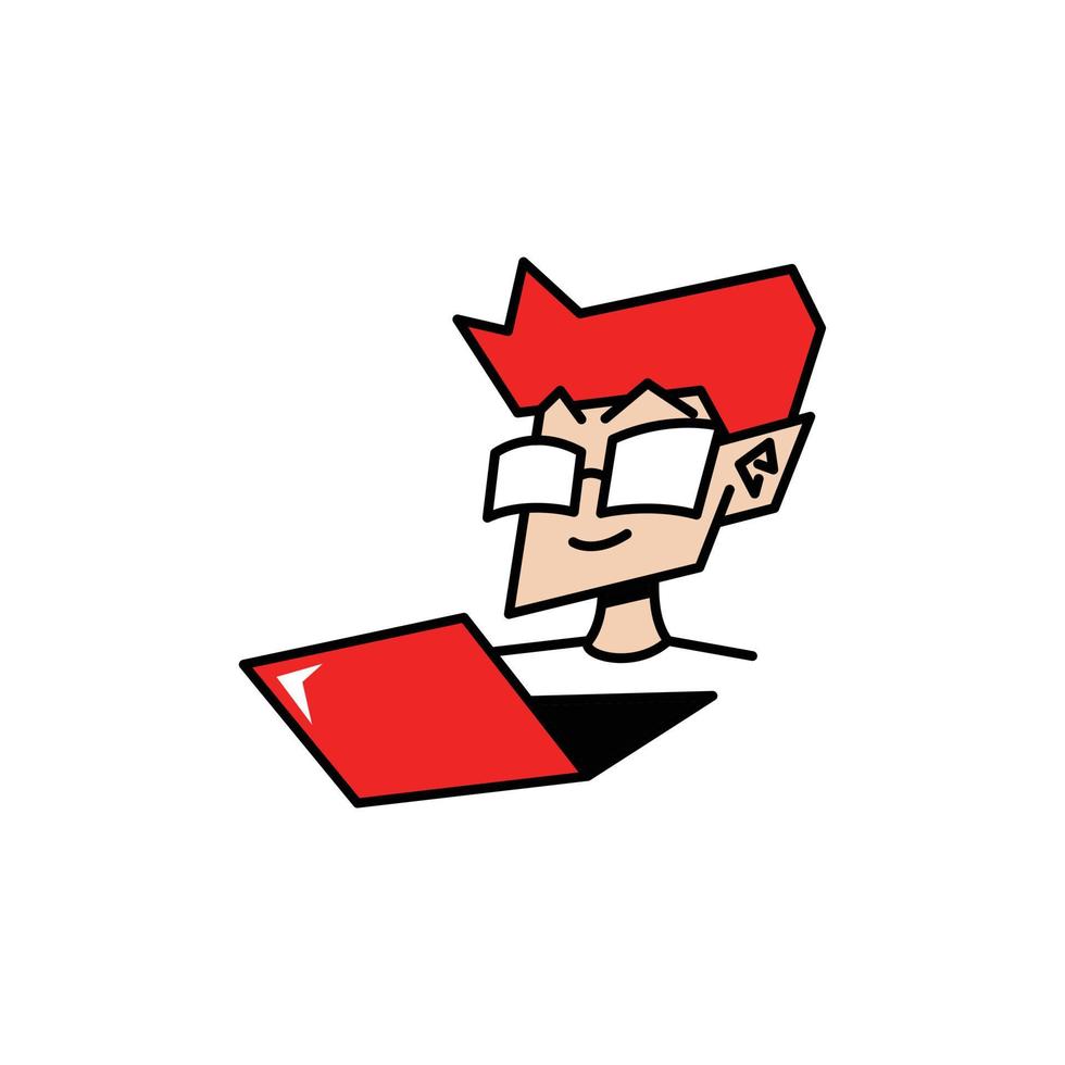 Illustration of a man wearing glasses and using a laptop computer. Graphic designers, programmers, nerds, and others will enjoy it. vector