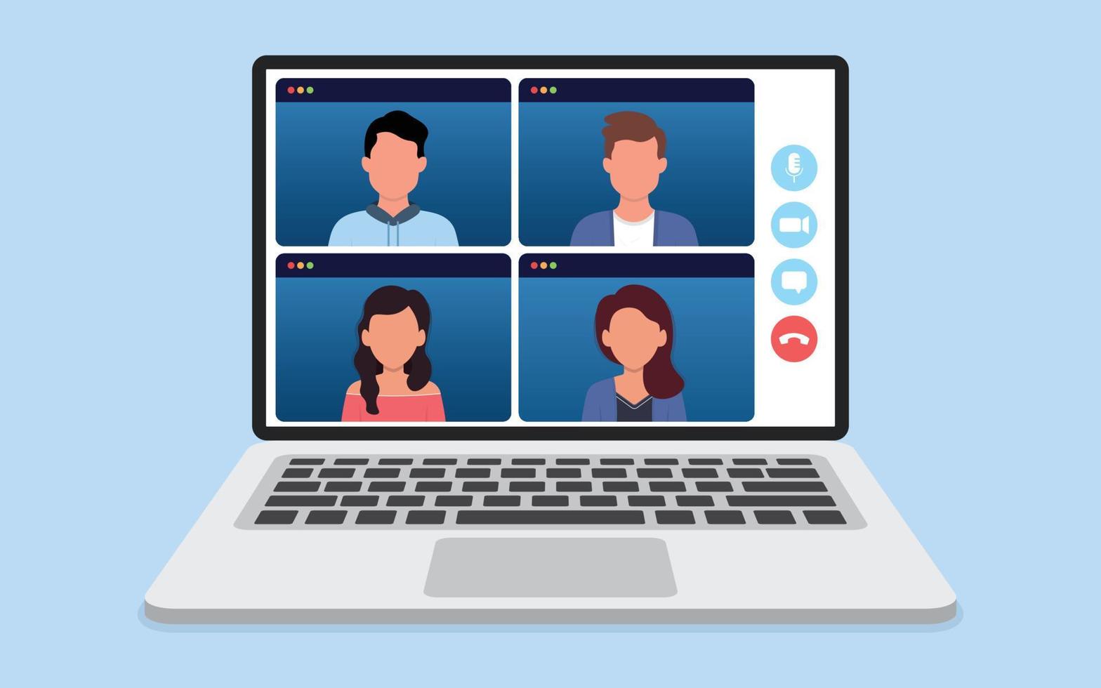 Online webinars from home via Teleconference Web Video Conference Call During Coronavirus COVID-19 Pandemic Outbreak Display on Screen. vector illustration