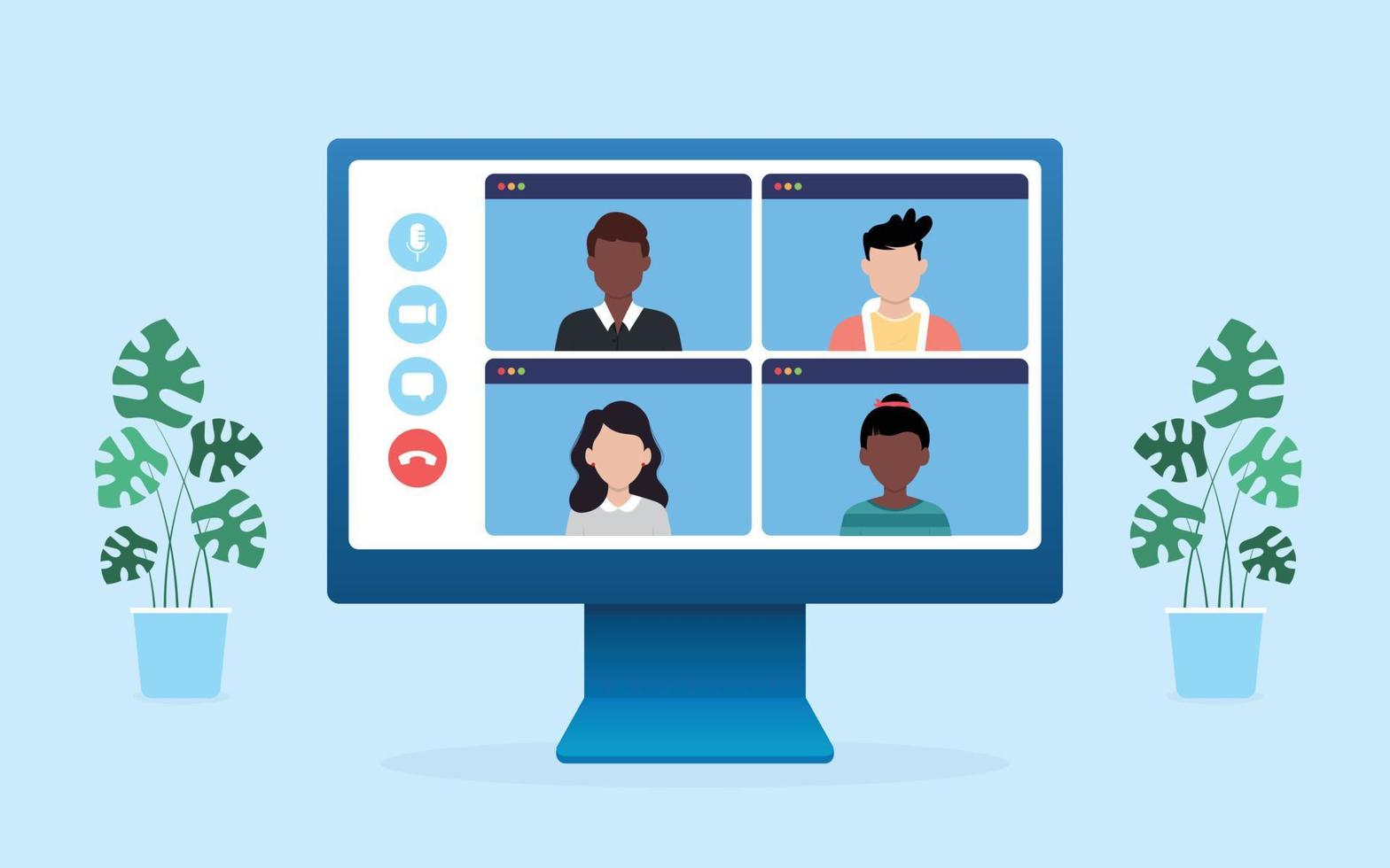 Online webinars from home via Teleconference Web Video Conference Call During Coronavirus COVID-19 Pandemic Outbreak Display on Screen. vector illustration