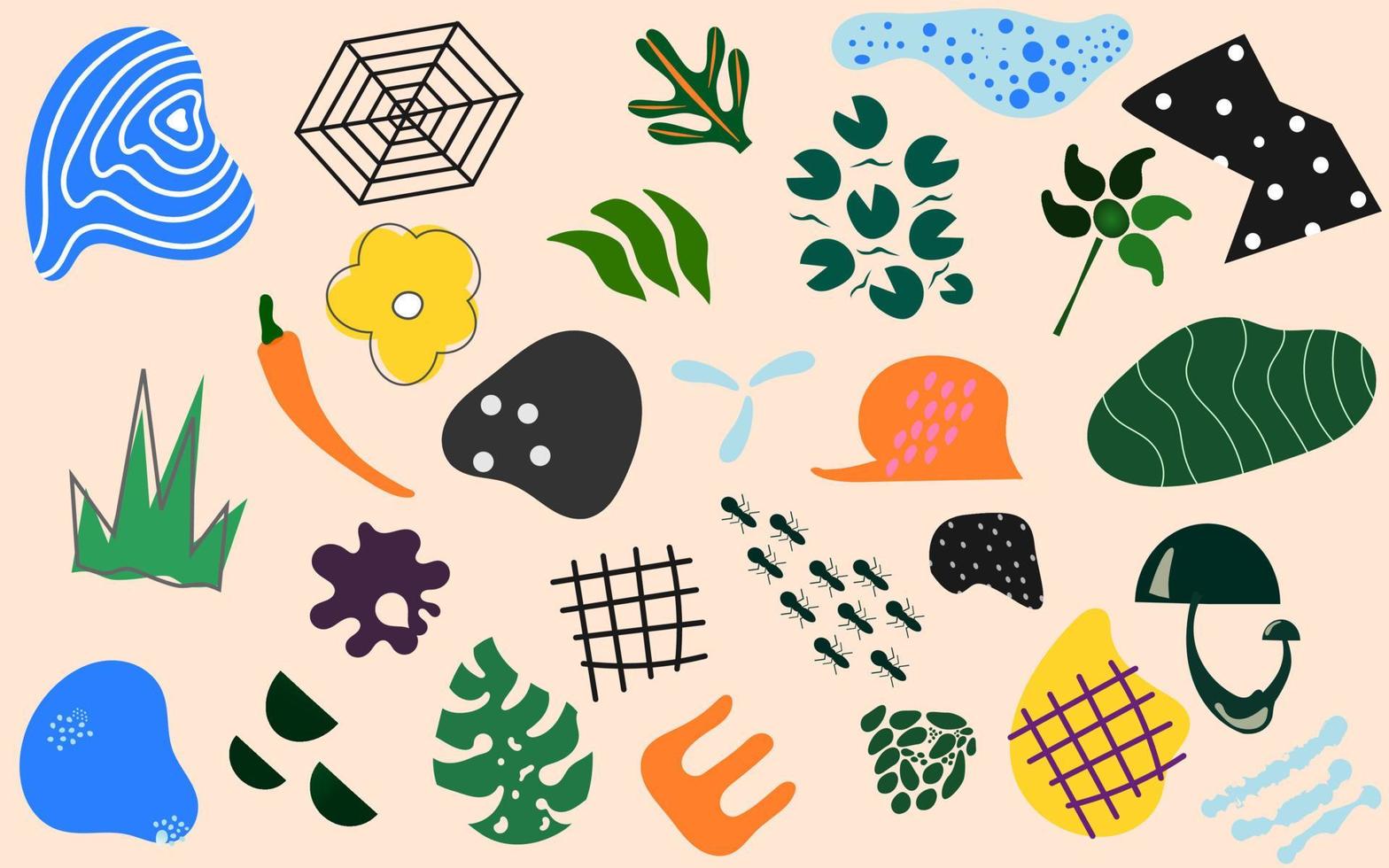 gran conjunto de varios objetos de naturaleza, formas, garabatos y campos de tierra dibujados a mano. asbtract fondo de ilustración de vector de moda moderno contemporáneo. todos los elementos de diseño gráfico están aislados