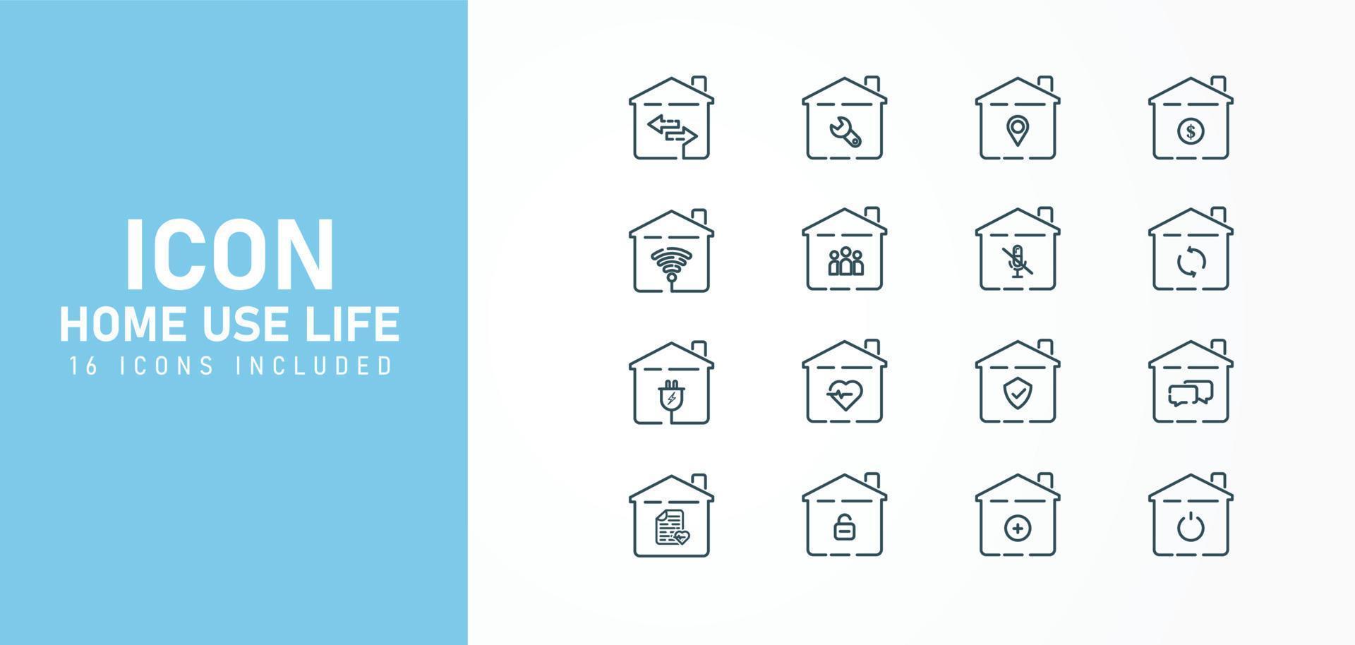 Set of flat line icons for home applications such as Wi-Fi, Internet, Power, Mute, Message, Unlock and etc. House building renovation vector illustration