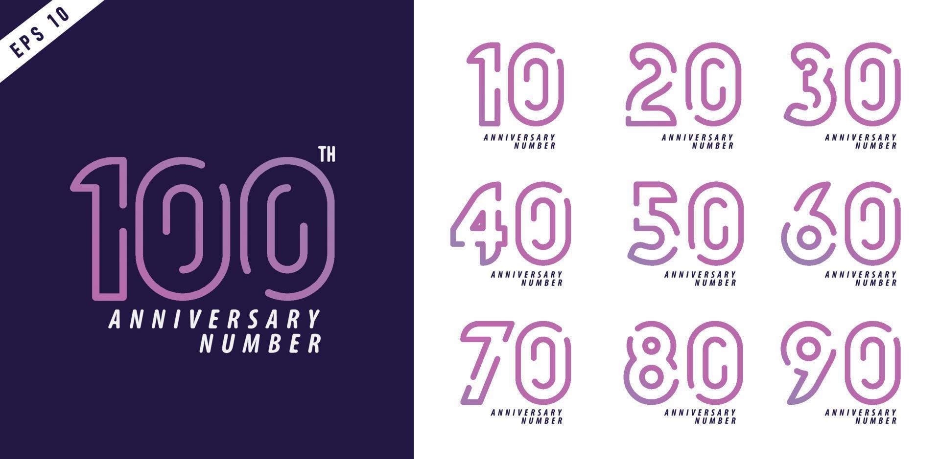 Los números de aniversario y fecha establecen un diseño de símbolo numérico moderno para la ilustración de vector de cartel 10-100