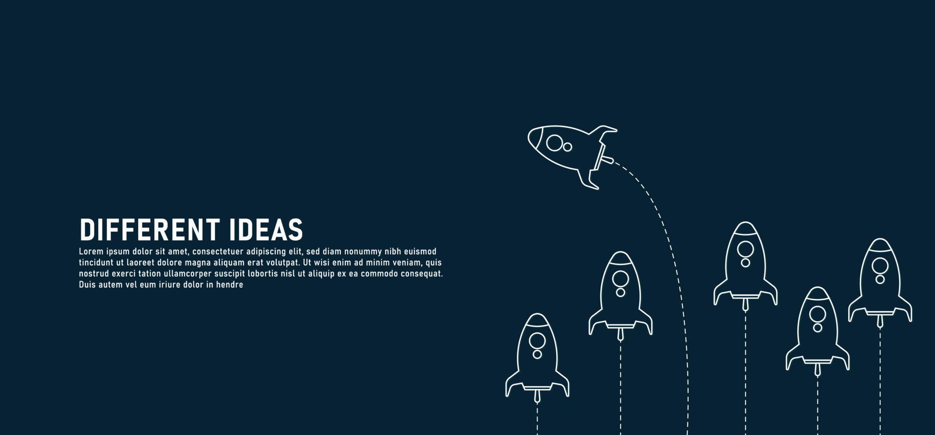 A different approach - different ideas of rockets. A group of rockets flying in one direction and with each other flying in a different way. vector