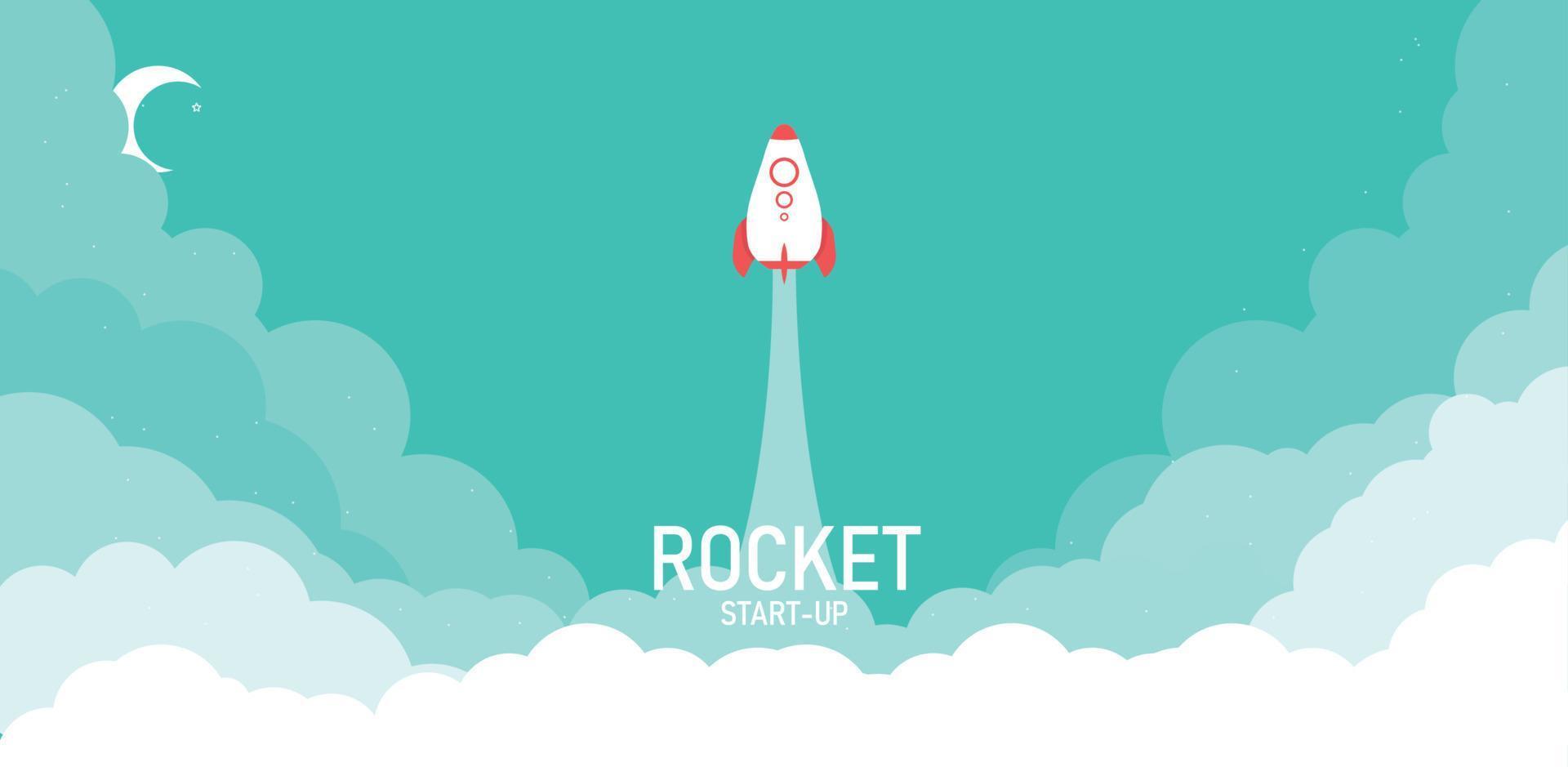 Launch of a rocket in the sky flying above the clouds a spaceship in the cloud business idea In Yellow Background Simple Design Modern Flat Style Vector Illustration