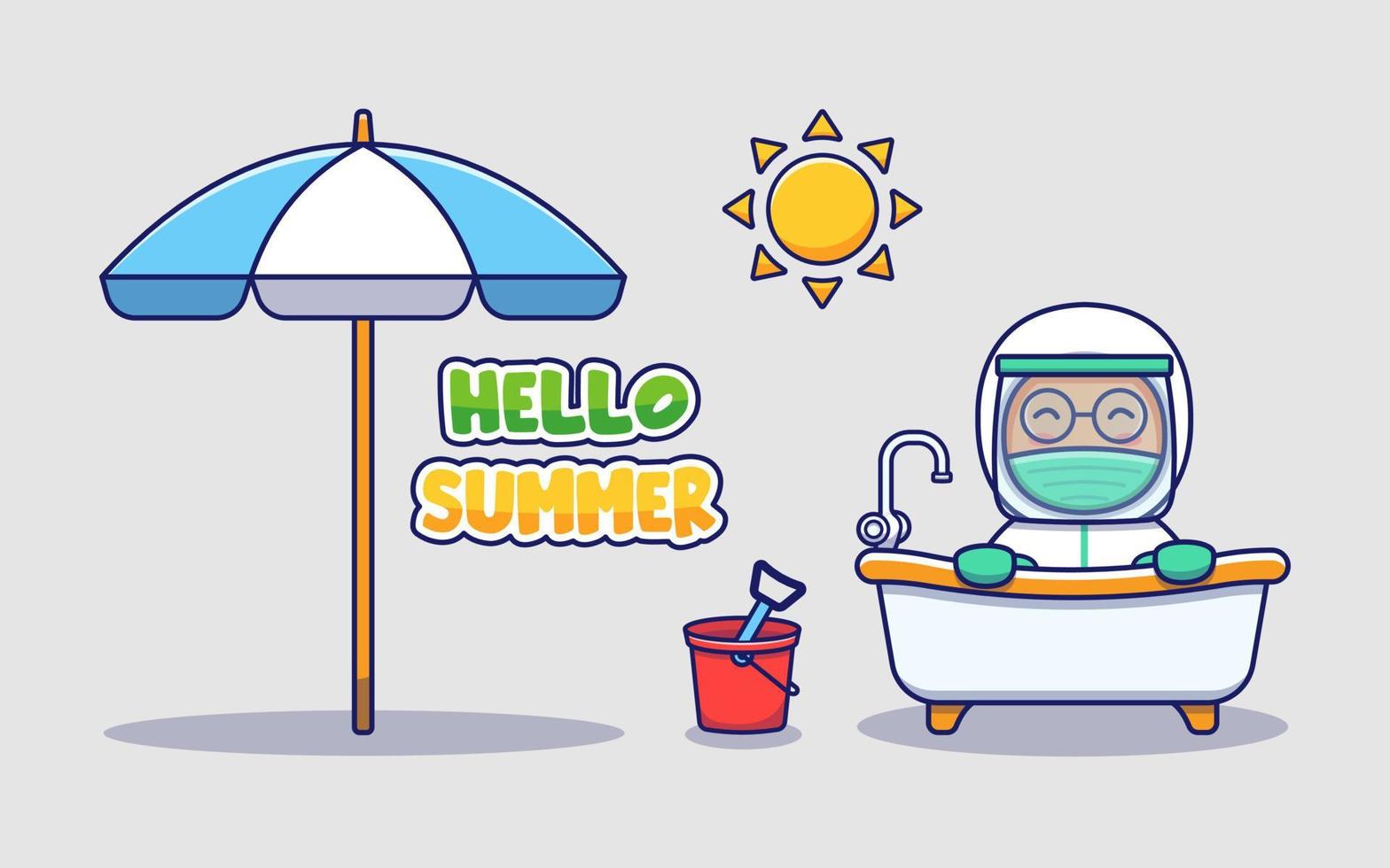 Cute doctor with hello summer greeting banner vector